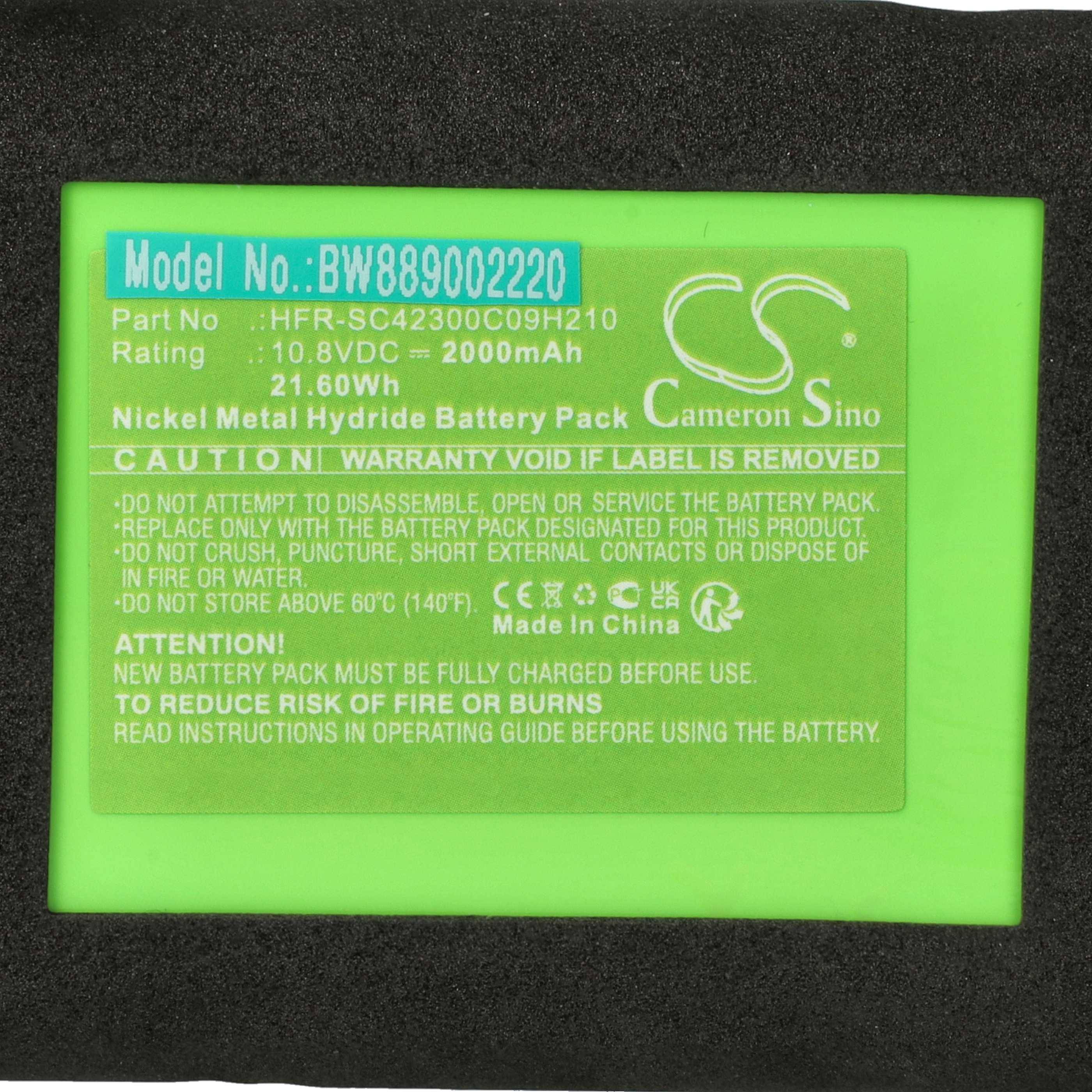 Eine Nahaufnahme eines grünen Akkupack-Etiketts mit Modell- und Teilenummern, Spezifikationen wie 10,8V, 2000mAh, Sicherheitswarnungen und der Herkunftsangabe „Made in China