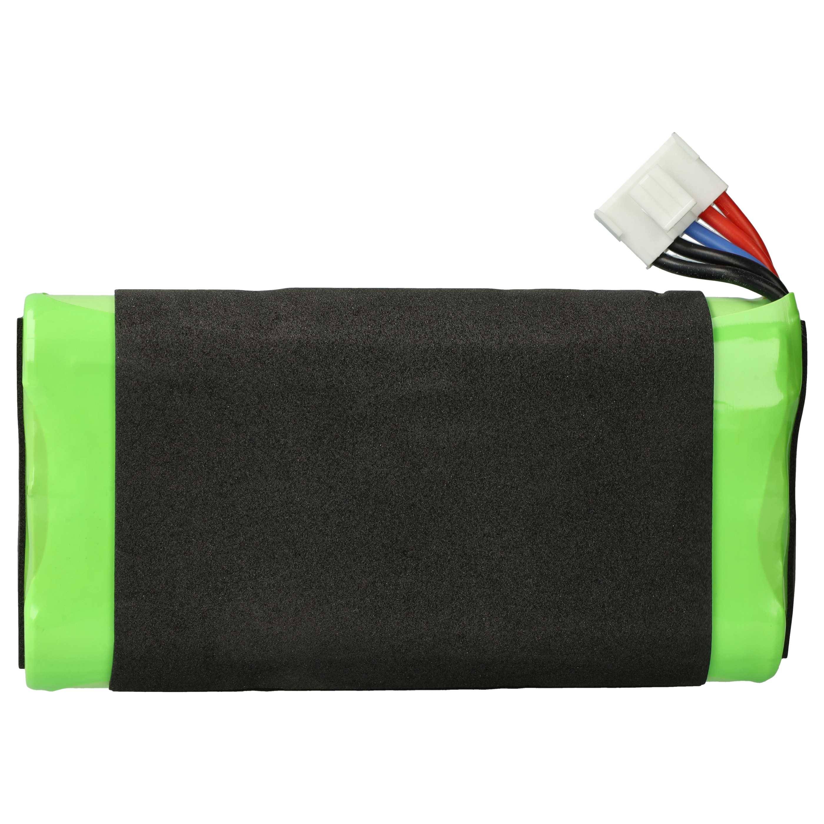 Ein rechteckiges grünes wiederaufladbares Batteriepaket, das in schwarze Isolierung gewickelt ist, mit roten, blauen und schwarzen Drähten, die an einen weißen Stecker angeschlossen sind.
