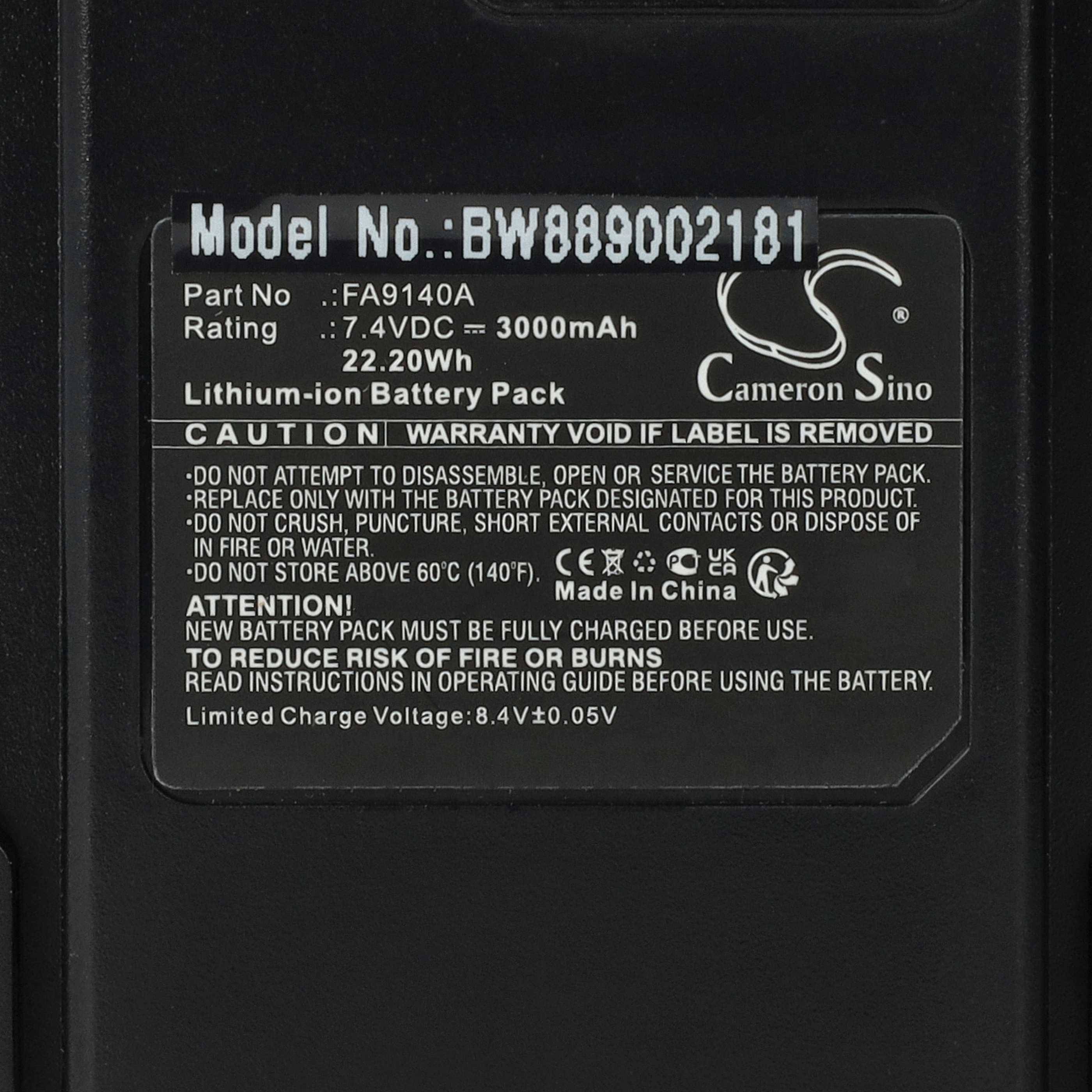Batterie-Etikett mit Modellnummer 'BW889002181', 3000 mAh Kapazität und 7,4 V Bewertung. Enthält Hinweise zur Vorsicht beim Laden und zur Brandgefahr.