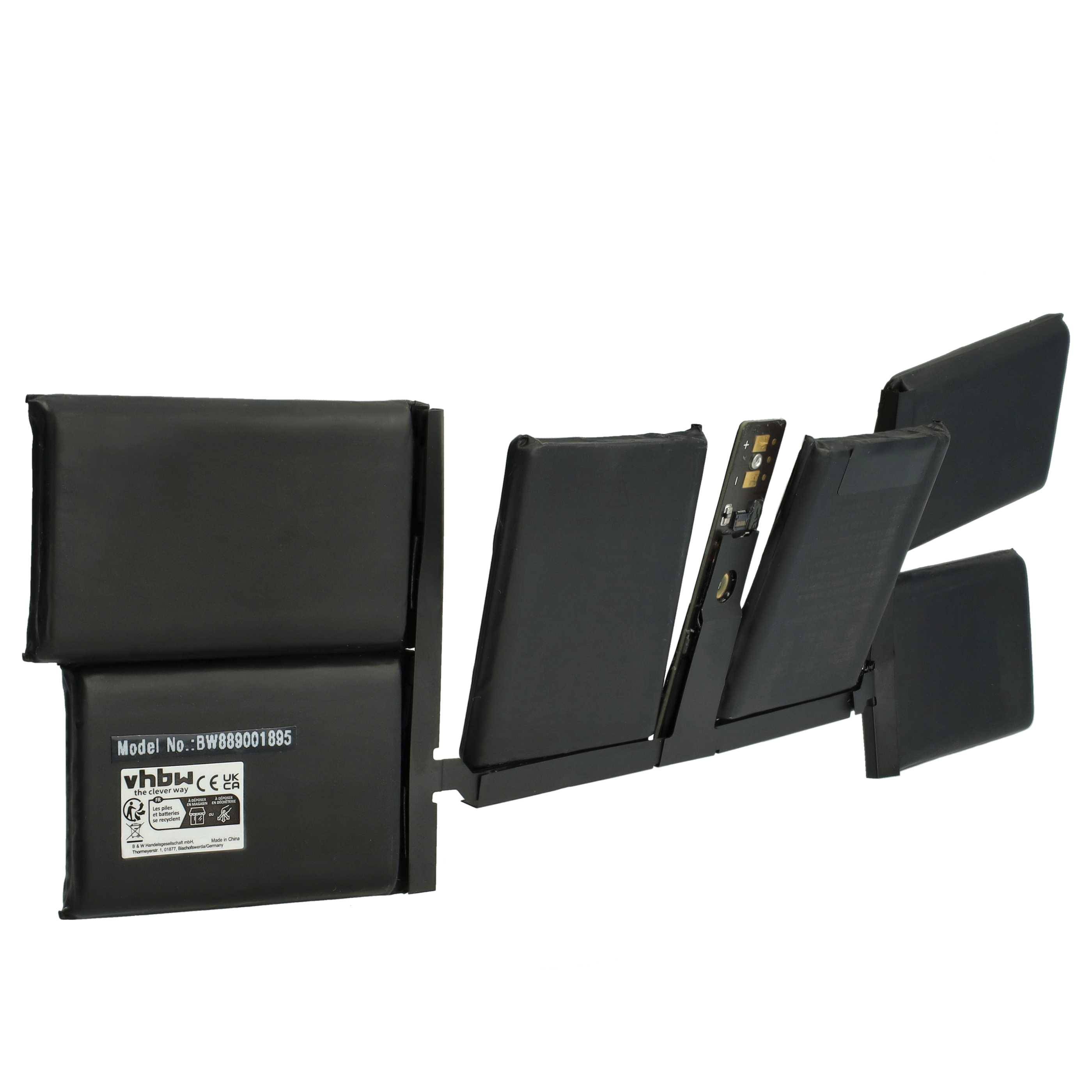 Geöffneten Laptop mit Akku, bei dem mehrere Zellen freigelegt sind; die Modellnummer SW8480800168S ist auf einer Zelle sichtbar.