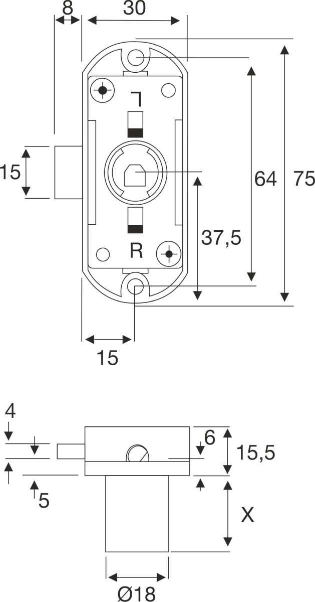 BMB Drehstangenschloss-Gehäuse, 15/22 mm, re/li einstellbar