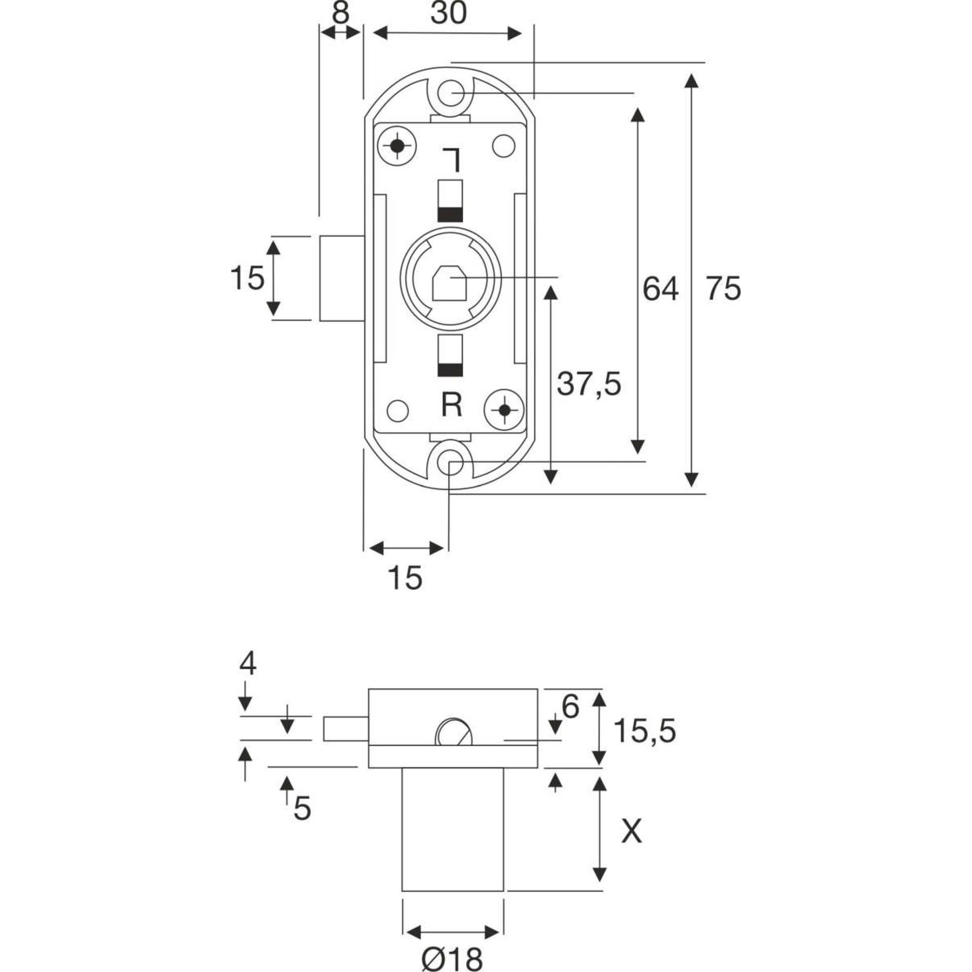 Seiten- und Vorderansichten eines mechanischen Schlosses mit detaillierten Maßen; Schlüsselloch zentriert, Abmessungen für Gesamtgröße und Riegelausstattung aufgelistet.