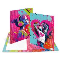 Farbenfrohe Pop-Art-Grußkartenschau mit zwei illustrierten Paneelen von Frauen mit Kopfhörern, in leuchtenden Rosa-, Türkis- und Neonspritzern.