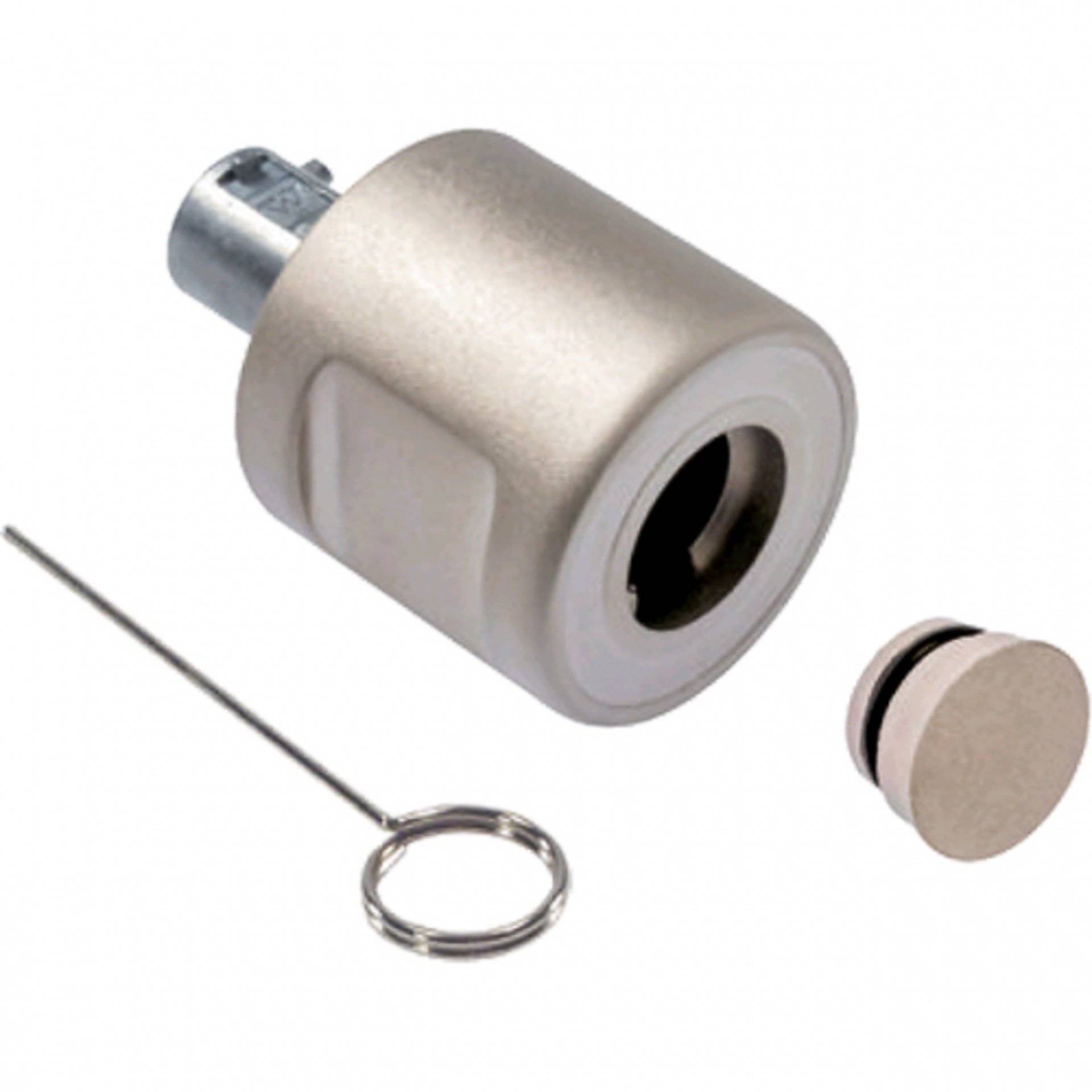 Verriegelungsstift-Komponente mit einem Metallzylinder, einem Schlüsselloch und einer abnehmbaren runden Kappe, zusammen mit einem dünnen Metallhaken mit Schleifengriff.