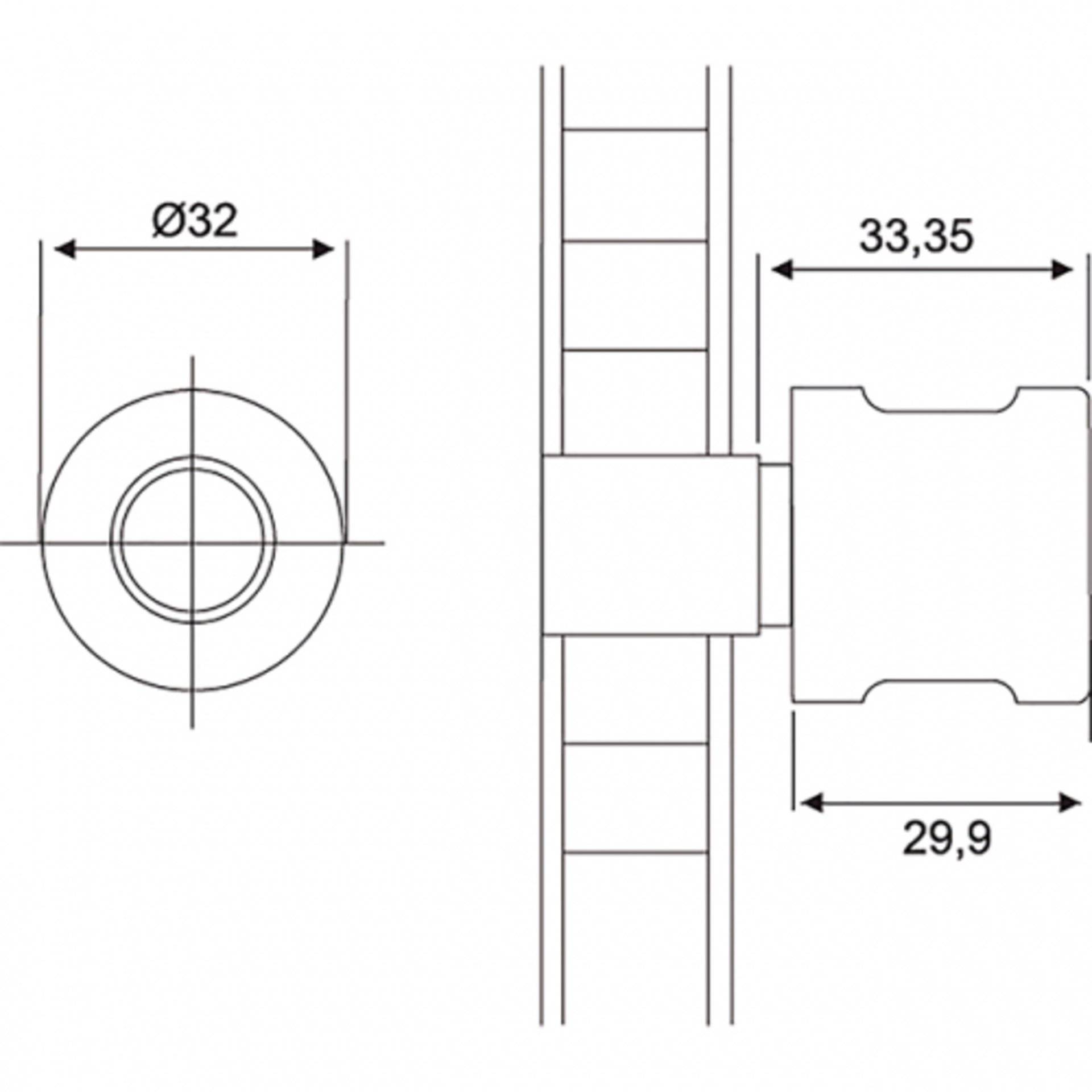 Technische Zeichnung eines zylindrischen Bauteils mit einem Durchmesser von 32 mm, einer Länge von 33,35 mm und einer inneren Kerbe von 29,9 mm.