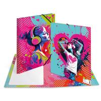 Bunte Pop-Art-Faltbroschüre mit zwei weiblichen Porträts, Herzen und Neon-Spritzern auf weißem Hintergrund.
