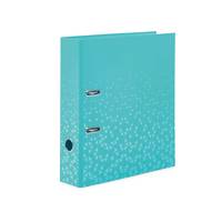 Türkiser Ringbinder mit drei Ringen und weißem geometrischem Punktmuster auf dem Umschlag und dem Rücken.