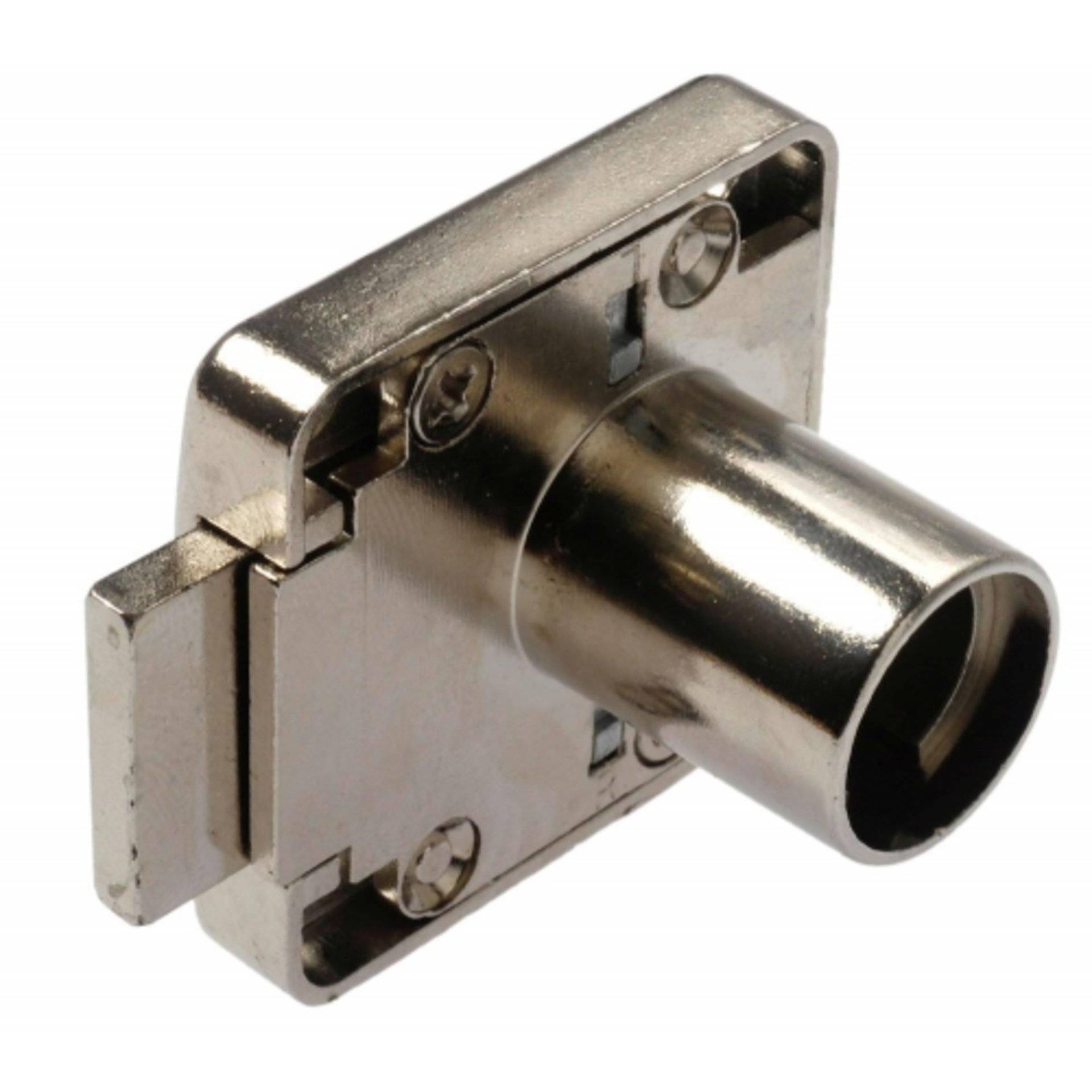 Ein silberner Metall-Koaxialstecker mit rechteckiger Grundplatte und zylindrischer Buchse, ausgestattet mit zwei Befestigungsschrauben.