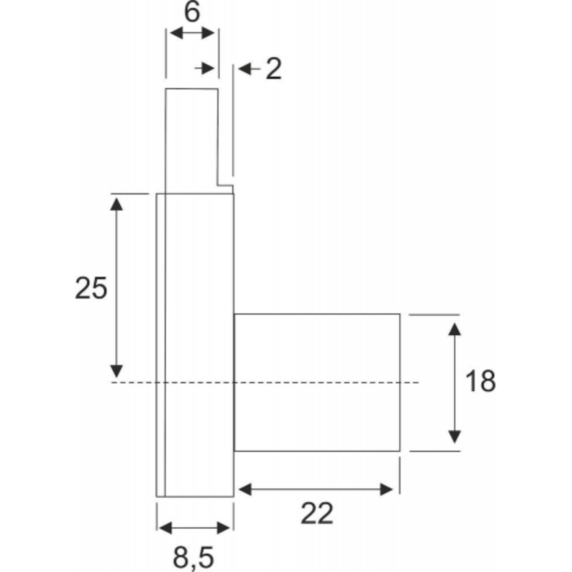 Ein technisches Diagramm, das die Seitenansichtabmessungen eines Objekts zeigt: Höhe 25 mm, Breite 8,5 mm, vorstehender Abschnitt 22 mm breit, 18 mm hoch.