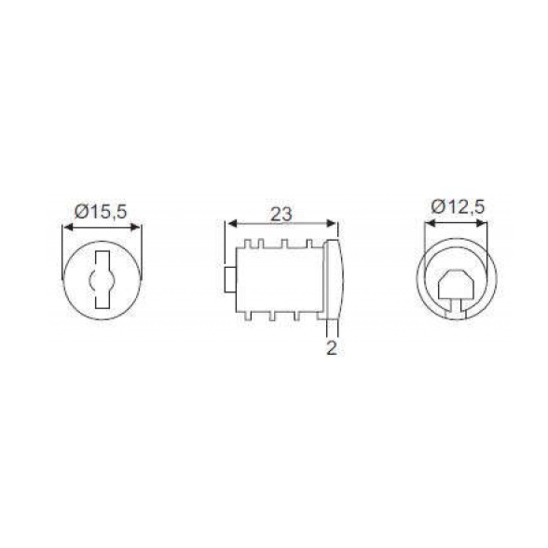 Diagramm mit den Abmessungen einer zylindrischen Komponente: 15,5 mm, 23 mm Länge und 12,5 mm mit Schlüsselloch-Detail.