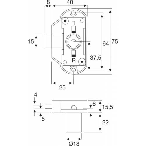 BMB Drehstangenschloss-Gehäuse, 25/22 mm, re/li einstellbar