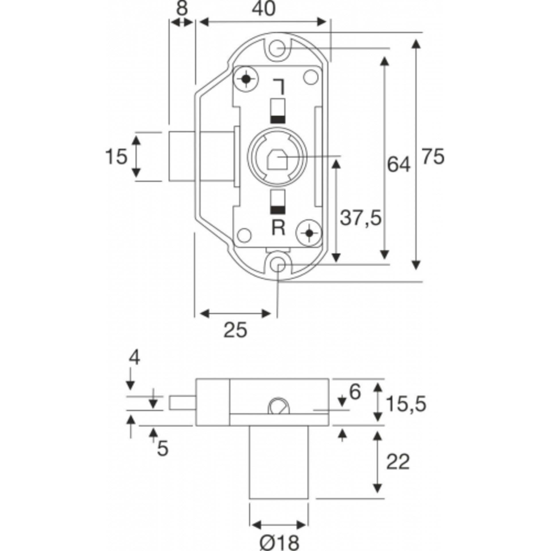 Diagramm eines Schlossmechanismus mit Abmessungen: 75x64mm Montageplatte, 40mm Sperrbreite, 25mm Vorsprung. Die Seitenansicht zeigt 22mm Tiefe.