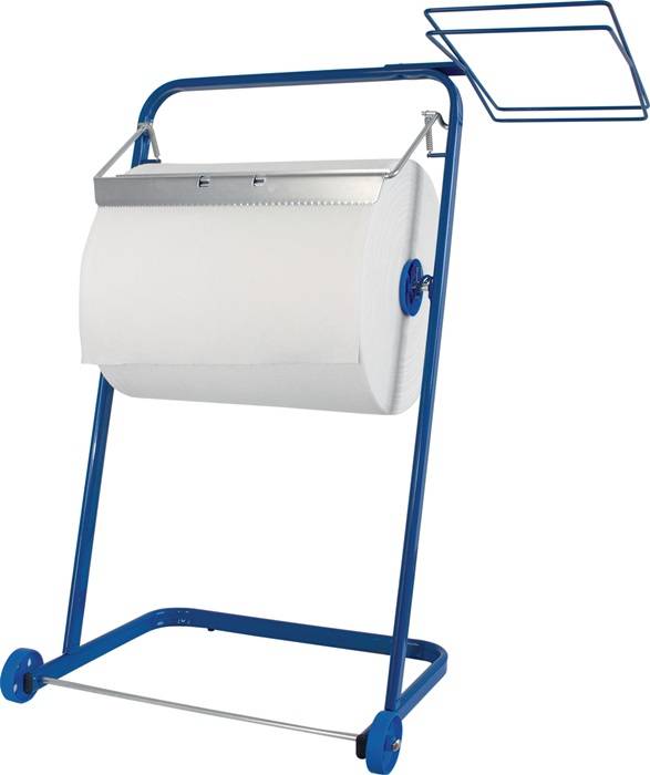 Ein blauer Metallpapierrollenhalter mit einer großen weißen Papierrolle, geeignet für industrielle oder Werkstattanwendungen.