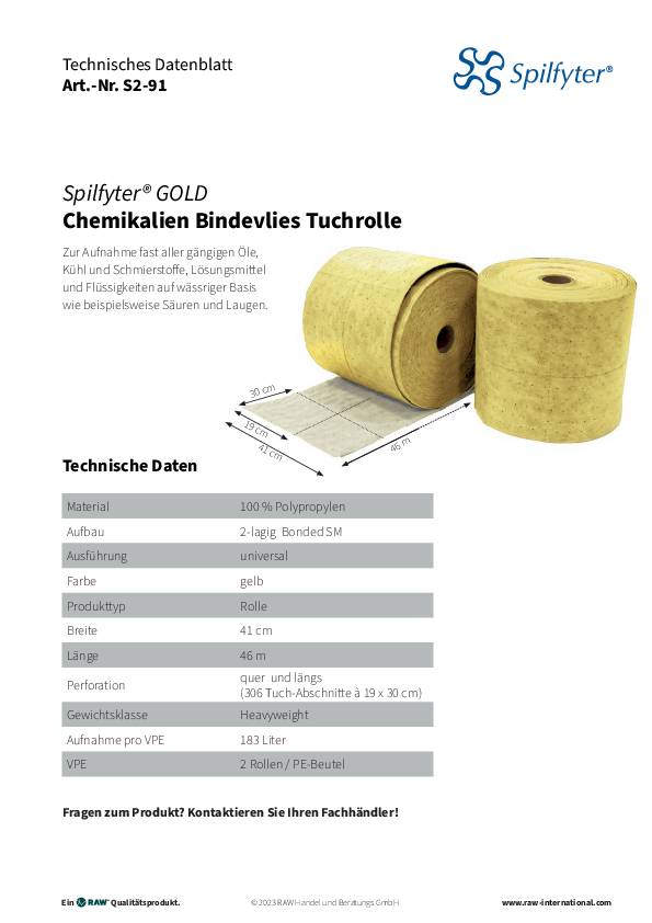 Chemikalienbindevlies Spilfyter® GOLD L.46m B.41cm 2 Rl.D.44cm Pk.RAW