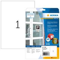 Packung mit HERMA-Drucketiketten, zeigt ein leeres Etikettenblatt mit einem großen Etikett und der Produktverpackung.