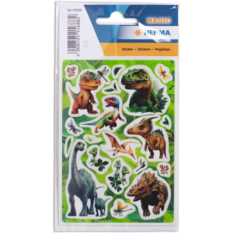 Stickerbogen mit bunten Dinosaurier-Illustrationen, darunter ein T-Rex, Triceratops und Pterodaktylus, vor einem blättrigen Hintergrund.