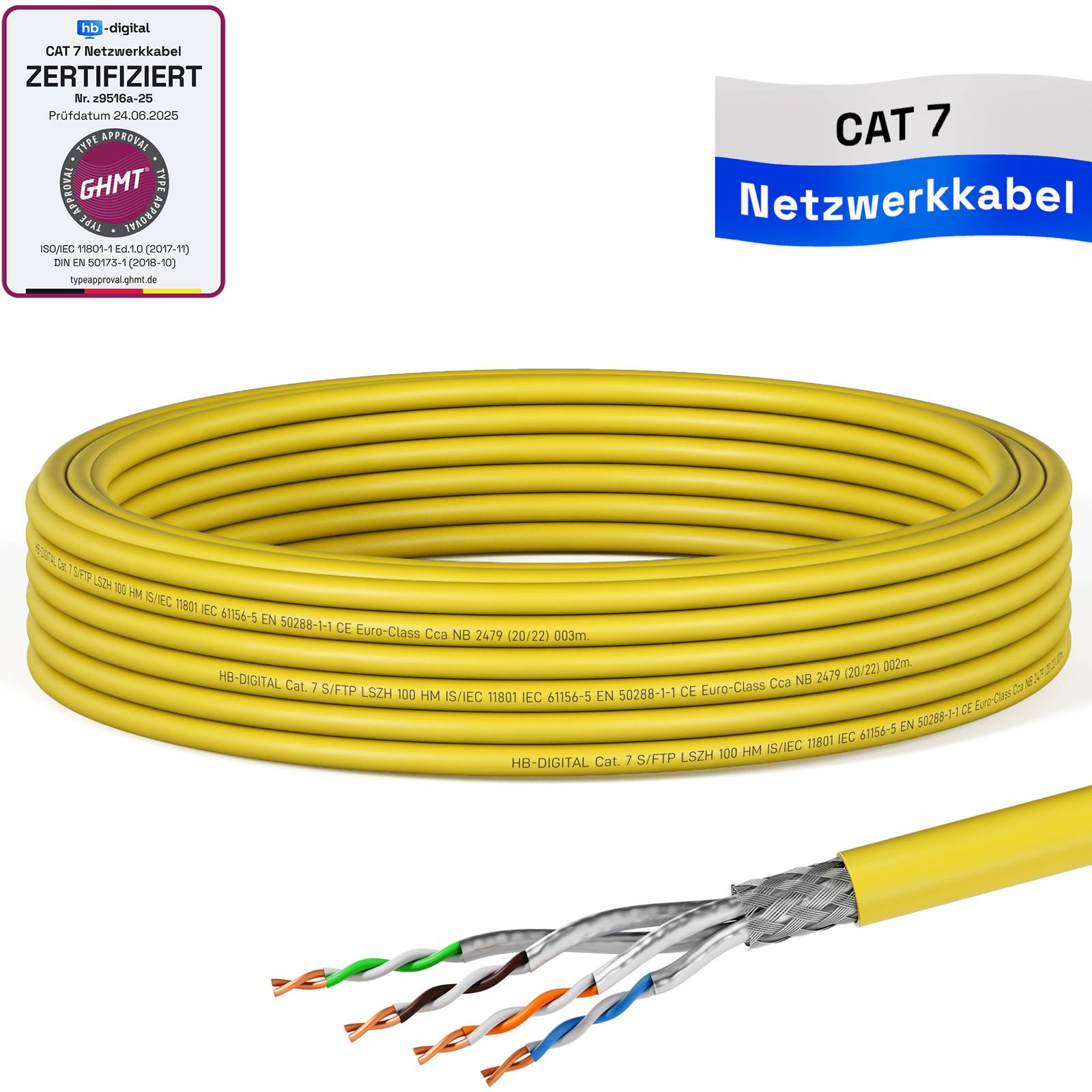 hb-digital CAT 7 Kabel 10m Installationskabel max. 1000 MHz S/FTP AWG23 LSZH gelb