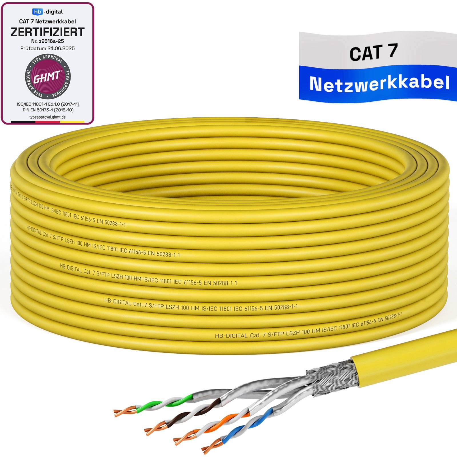 hb-digital Netzwerkkabel CAT 7 max. 1000 MHz S/FTP AWG23 LSZH 15m gelb