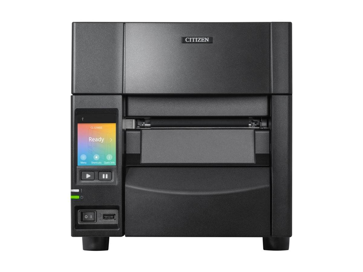 Schwarzer Citizen-Etikettendrucker mit frontalem Touchscreen-Display, das 