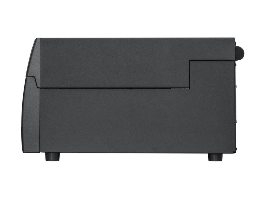 Seitenansicht eines schwarzen rechteckigen elektronischen Geräts oder einer Ausrüstungsbox mit flacher Oberseite, Seitenpanelnaht und kleinen Füßen auf weißem Hintergrund.