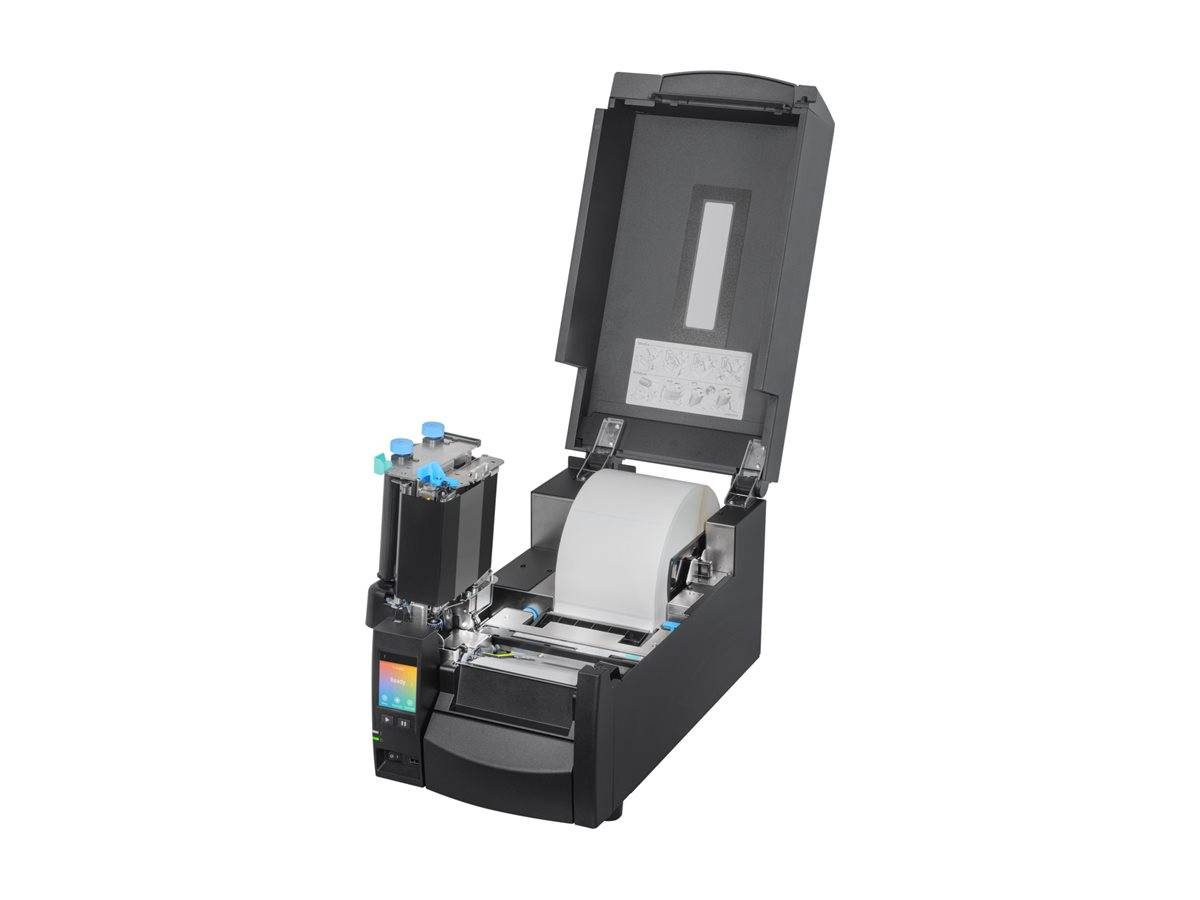 Offener Thermodrucker mit beladener Papierrolle und angehobenenem Deckel auf weißem Hintergrund.