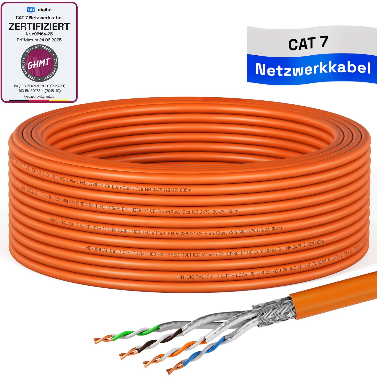 hb-digital CAT 7 Kabel Installationskabel 15m S/FTP AWG23 LSZH orange
