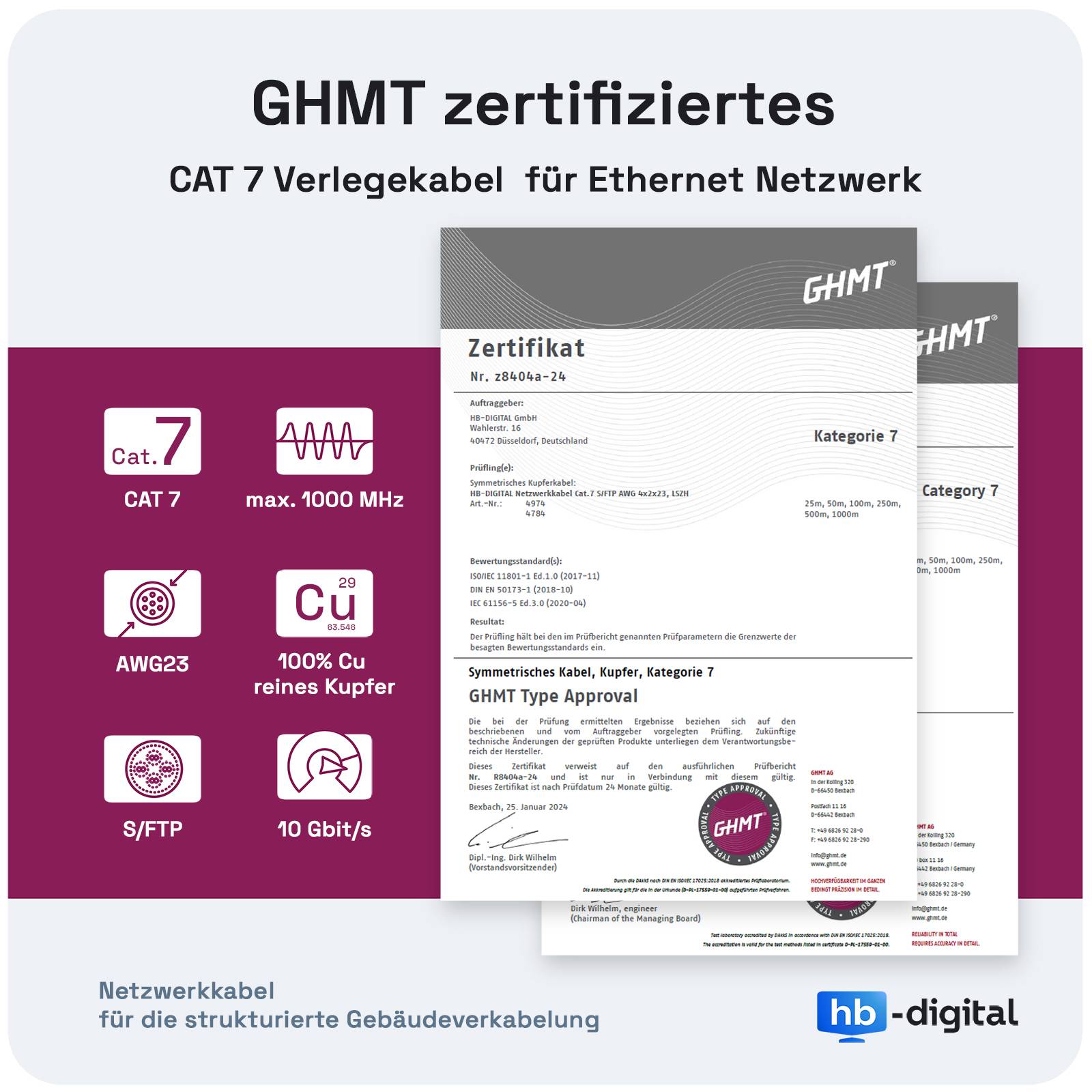 hb-digital Netzwerkkabel CAT 7 Duplex 5m max. 1000 MHz S/FTP LSZH AWG23 gelb