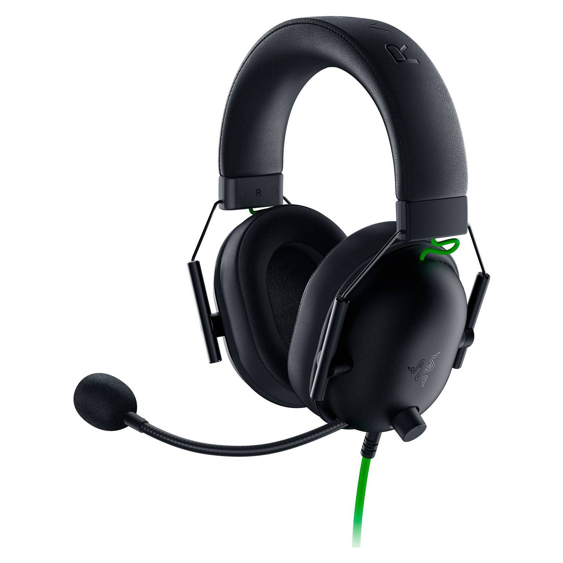 Ein schwarzes Gaming-Headset mit abnehmbarem Mikrofon und grünem Kabel. Entwickelt für immersiven Sound, geeignet zum Spielen oder zur Kommunikation.