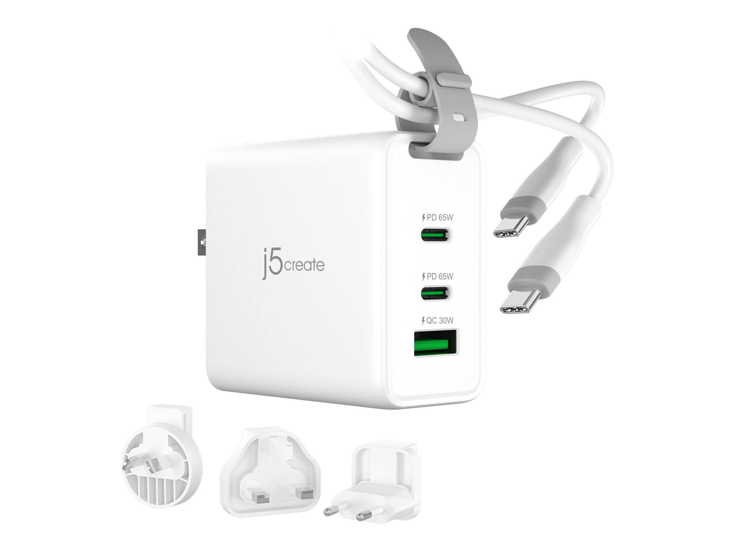 j5create - Netzteil - 3 Ports, GaN, mit wechselbaren AC-Steckern und USB-C-Kabel - 65 Watt - 3 A - PD 3.0, Apple 2.4A, A