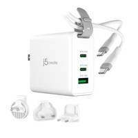 j5create - Netzteil - 3 Ports, GaN, mit wechselbaren AC-Steckern und USB-C-Kabel - 65 Watt - 3 A - PD 3.0, Apple 2.4A, A