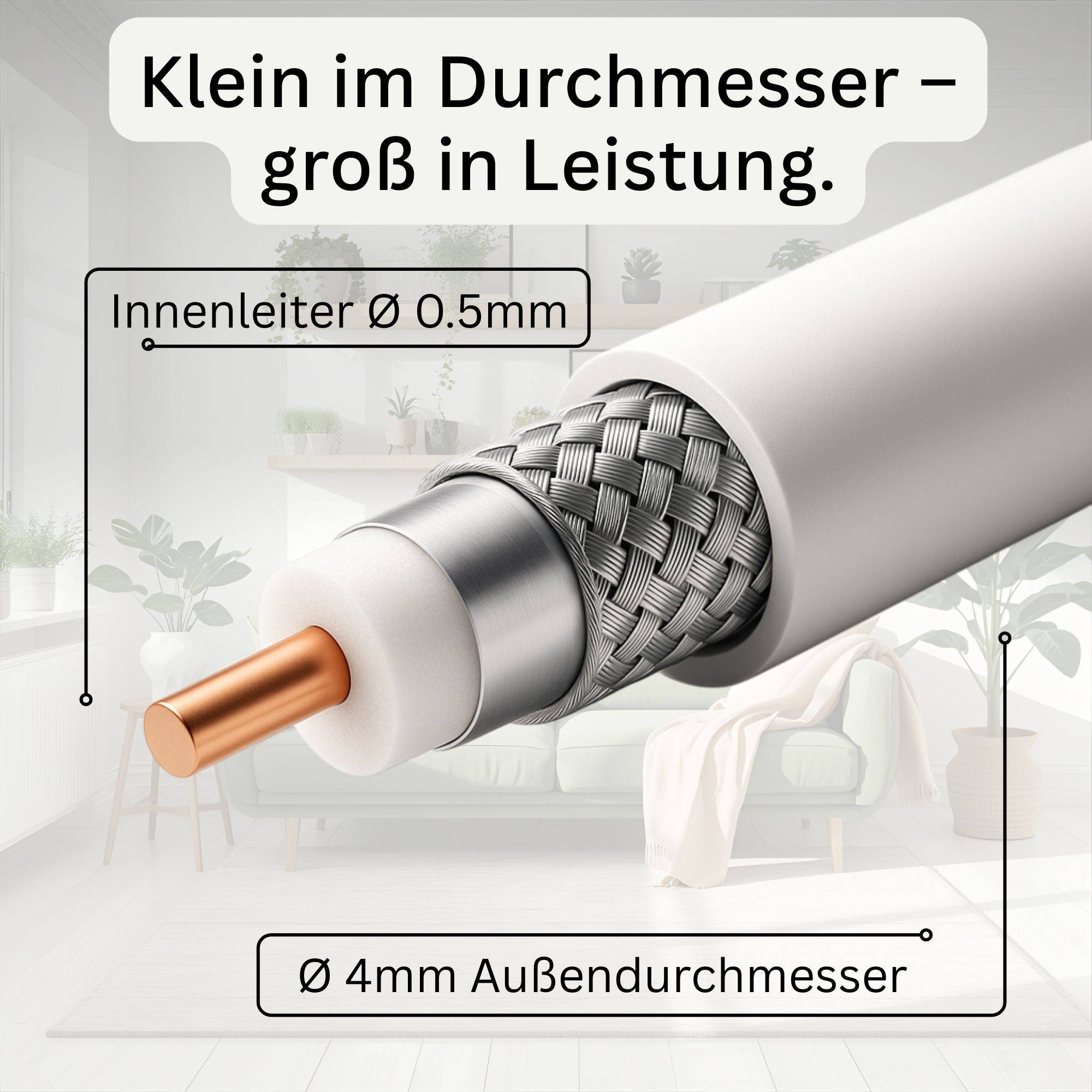 PremiumX 50m Mini-Koaxialkabel 4mm (Weiß) Set inkl. 20 Stecker – Extra dünn & flexibel – 2-fach geschirmt für Sat, DVB-T2, Kabel-TV – Ultra H