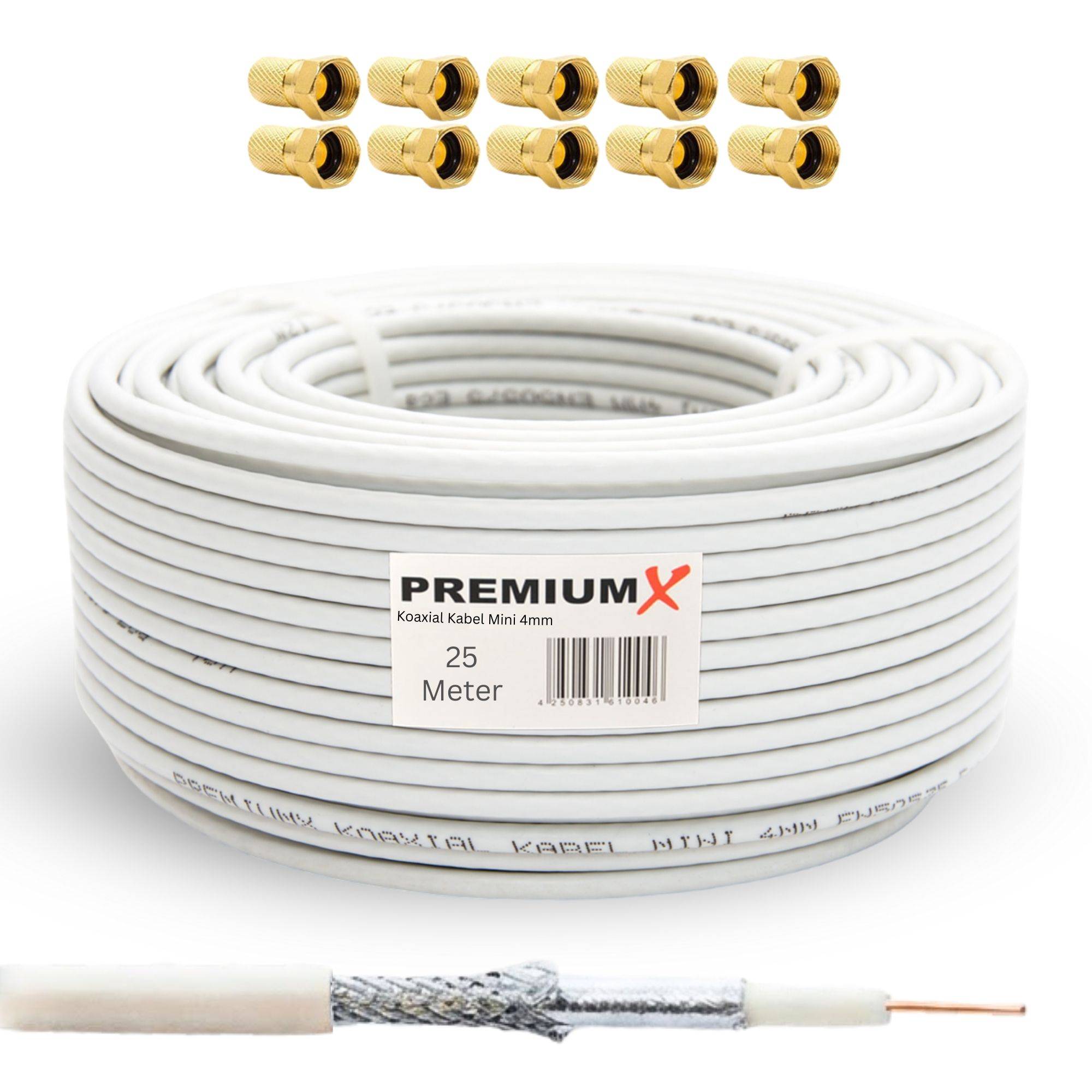 PremiumX 25m Mini-Koaxialkabel 4mm (Weiß) Set inkl. 10 Stecker – Extra dünn & flexibel – 2-fach geschirmt für Sat, DVB-T2, Kabel-TV – Ultra H