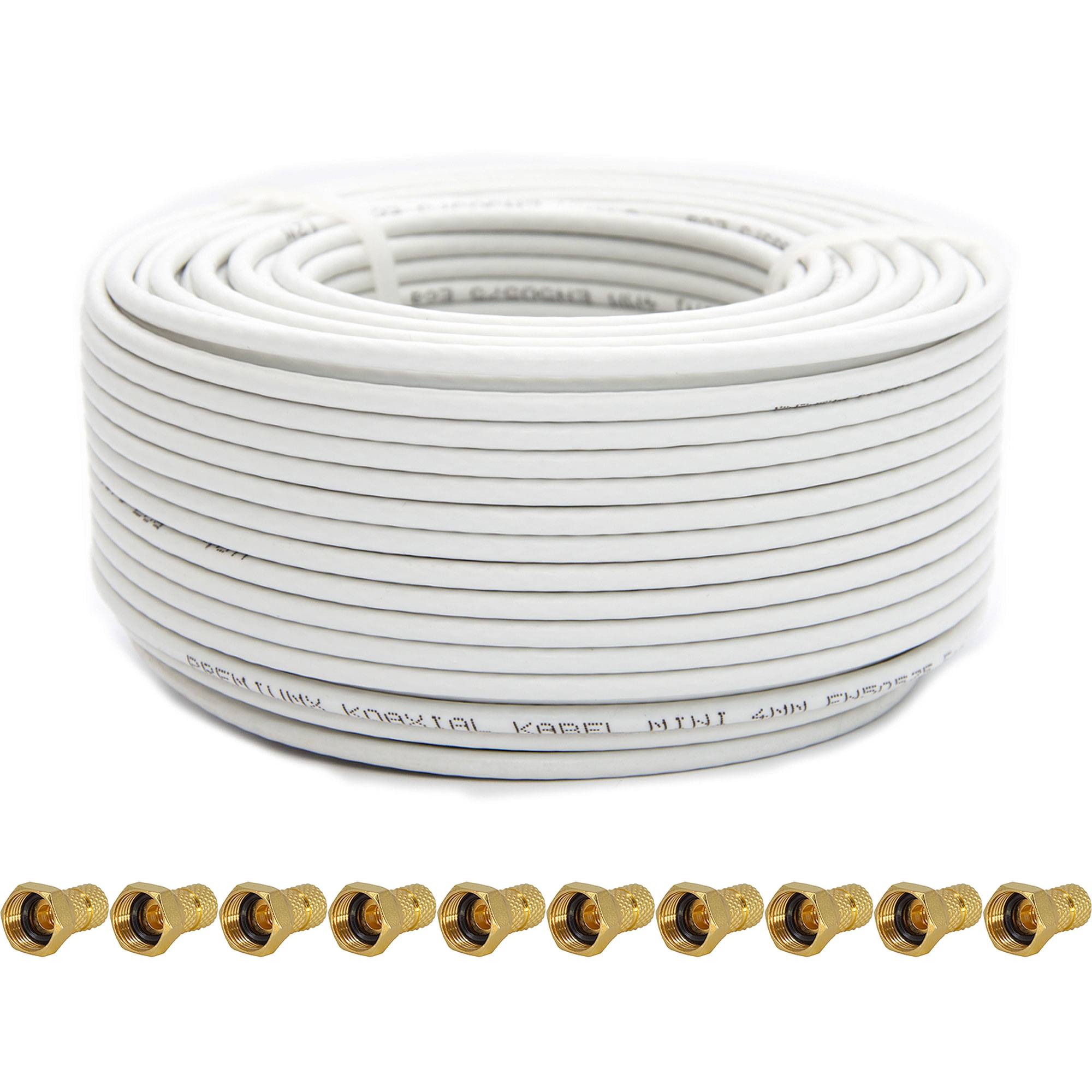 Premium X 50m Sat Koaxial Mini Kabel 90dB 2-Fach geschirmt 4mm Dünnes Antennenkabel FullHD HDTV 3D Weiß 10x F-Stecker