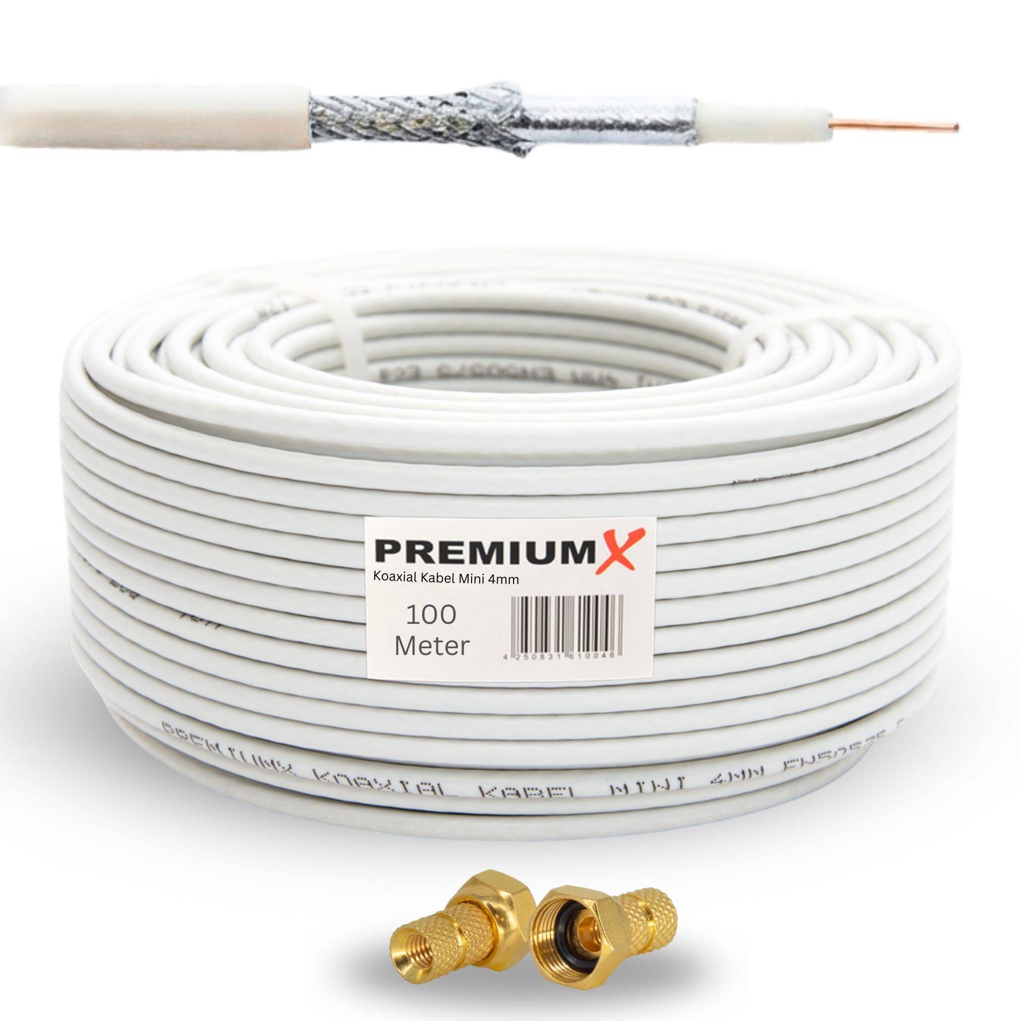 PremiumX 50m Mini-Koaxialkabel 4mm (Weiß) Set inkl. 20 Stecker – Extra dünn & flexibel – 2-fach geschirmt für Sat, DVB-T2, Kabel-TV – Ultra H