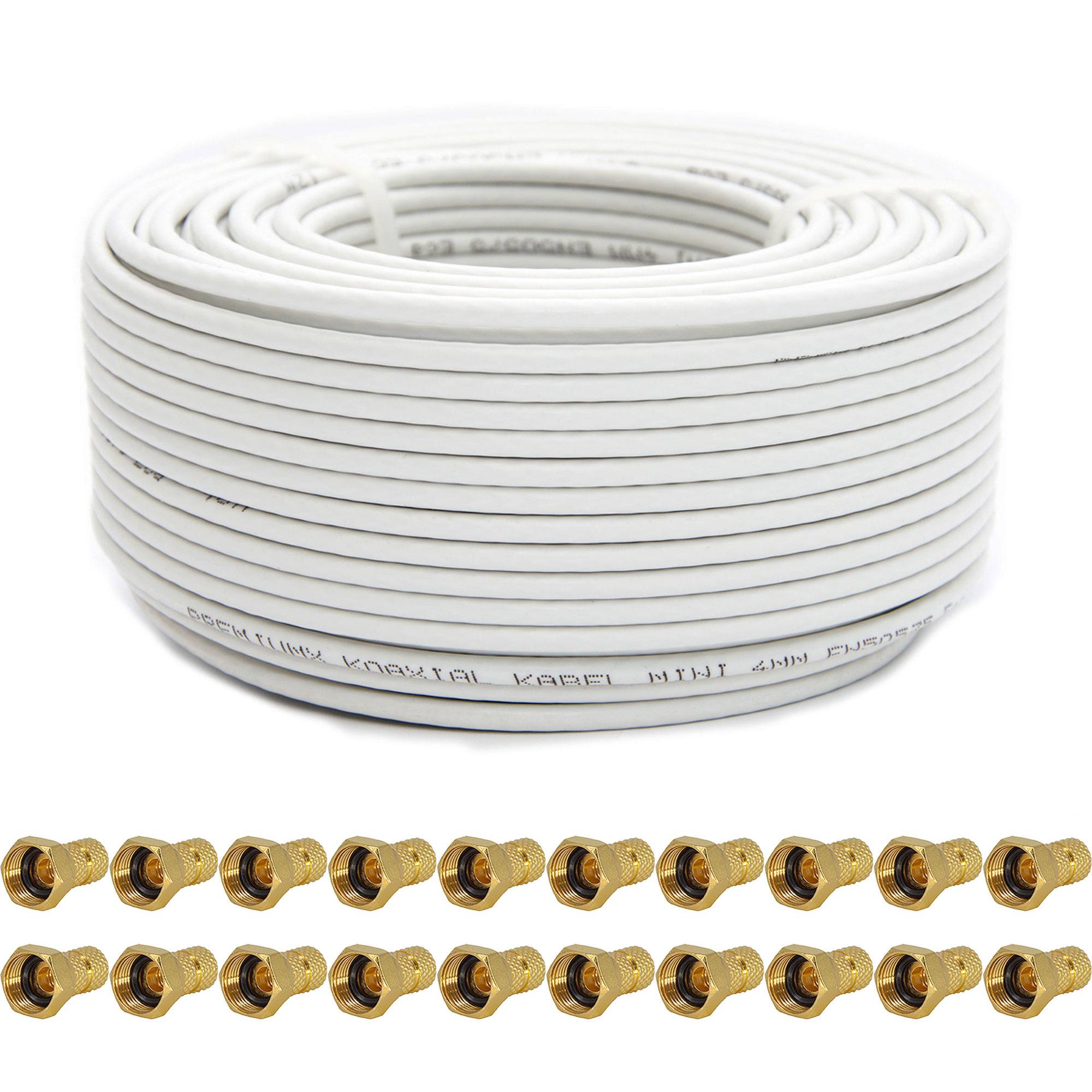 Premium X 100m Sat Koaxial Mini Kabel 90dB 2-Fach geschirmt 4mm Dünnes Antennenkabel FullHD HDTV 3D Weiß 20x F-Stecker