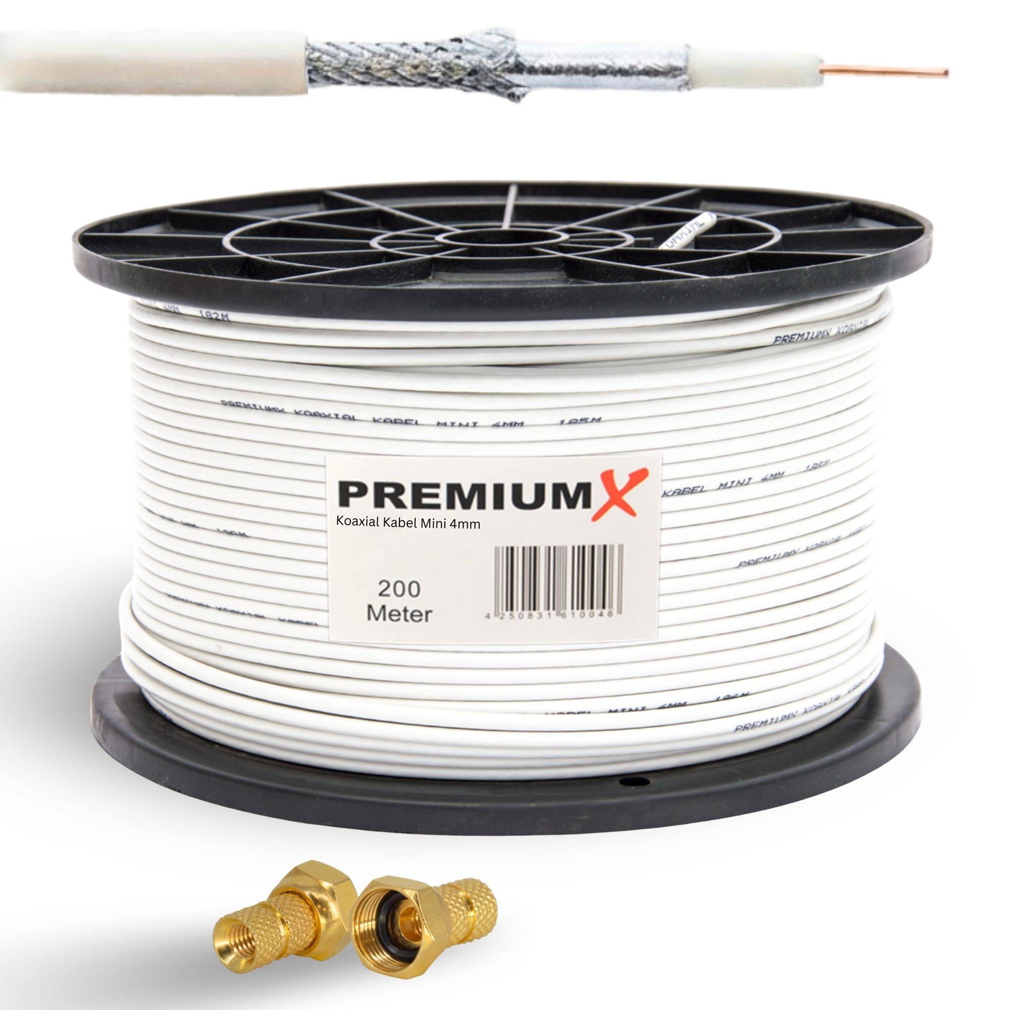 PremiumX 50m Mini-Koaxialkabel 4mm (Weiß) Set inkl. 40 Stecker – Extra dünn & flexibel – 2-fach geschirmt für Sat, DVB-T2, Kabel-TV – Ultra H