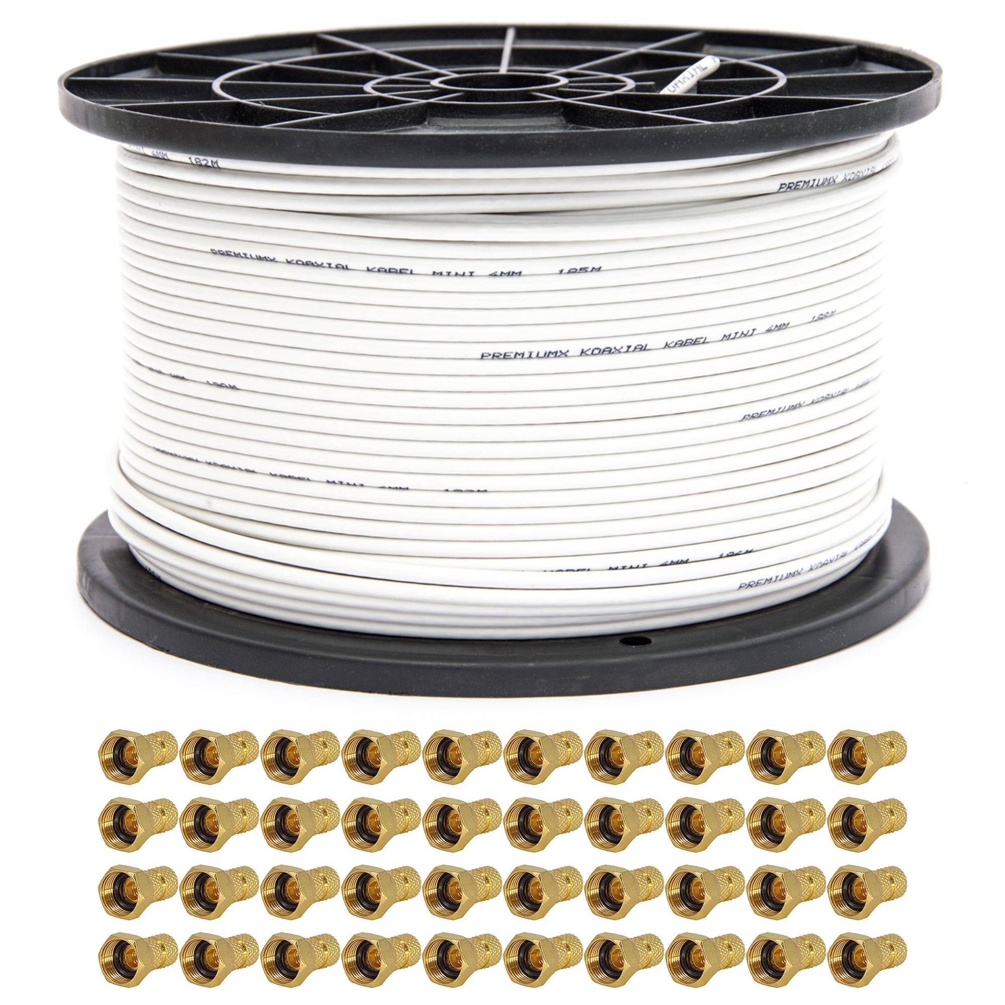 Premium X 200m Sat Koaxial Mini Kabel 90dB 2-Fach geschirmt 4mm Dünnes Antennenkabel FullHD HDTV 3D Weiß 40x F-Stecker