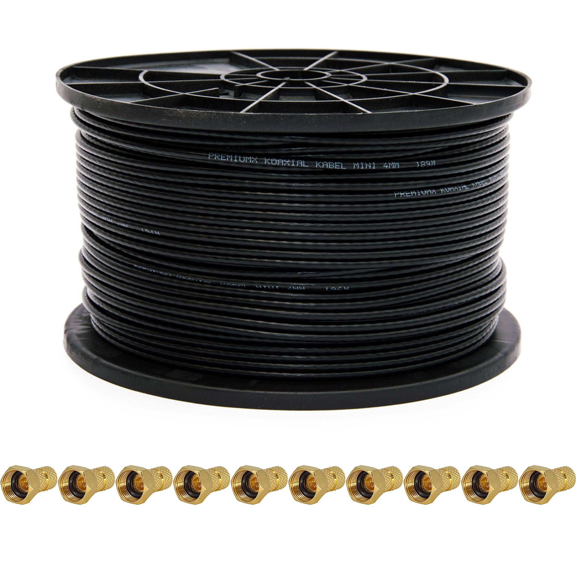 Premium X 50m Sat Koaxial Mini Kabel 90dB 2-Fach geschirmt 4mm Dünnes Antennenkabel FullHD HDTV 3D Schwarz 10x F-Stecker