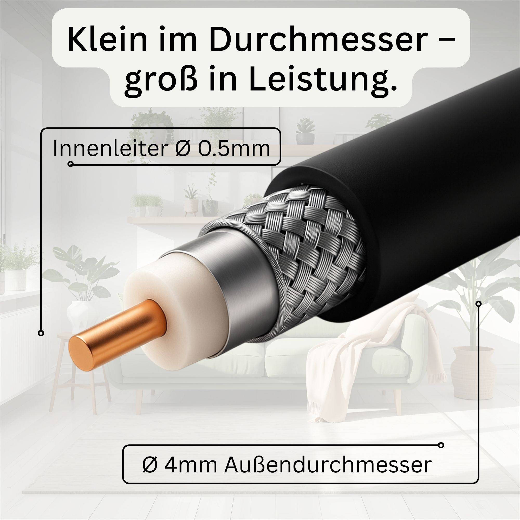 Klein im Durchmesser – groß in Leistung.' Nahaufnahme des Kabels mit sichtbaren inneren Schichten. Textnotizen 'Innenleiter Ø 0,5mm', 'Ø 4mm Außendurchmesser'.