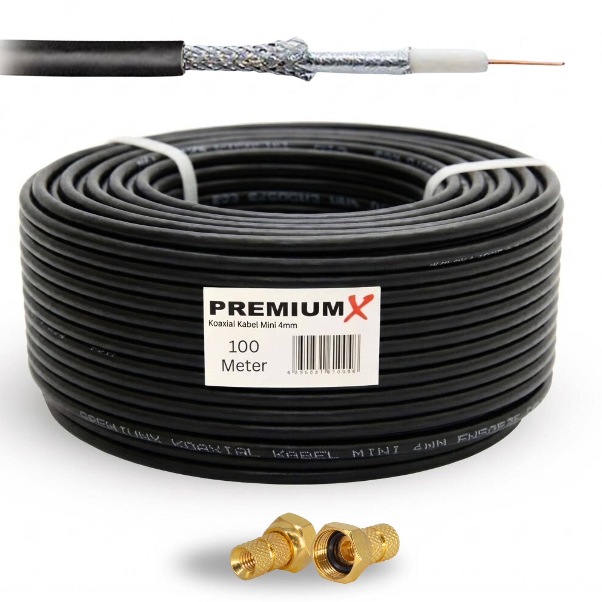 PremiumX 50m Mini-Koaxialkabel 4mm (Schwarz) Set inkl. 20 Stecker – Extra dünn & flexibel – 2-fach geschirmt für Sat, DVB-T2, Kabel-TV – Ultra