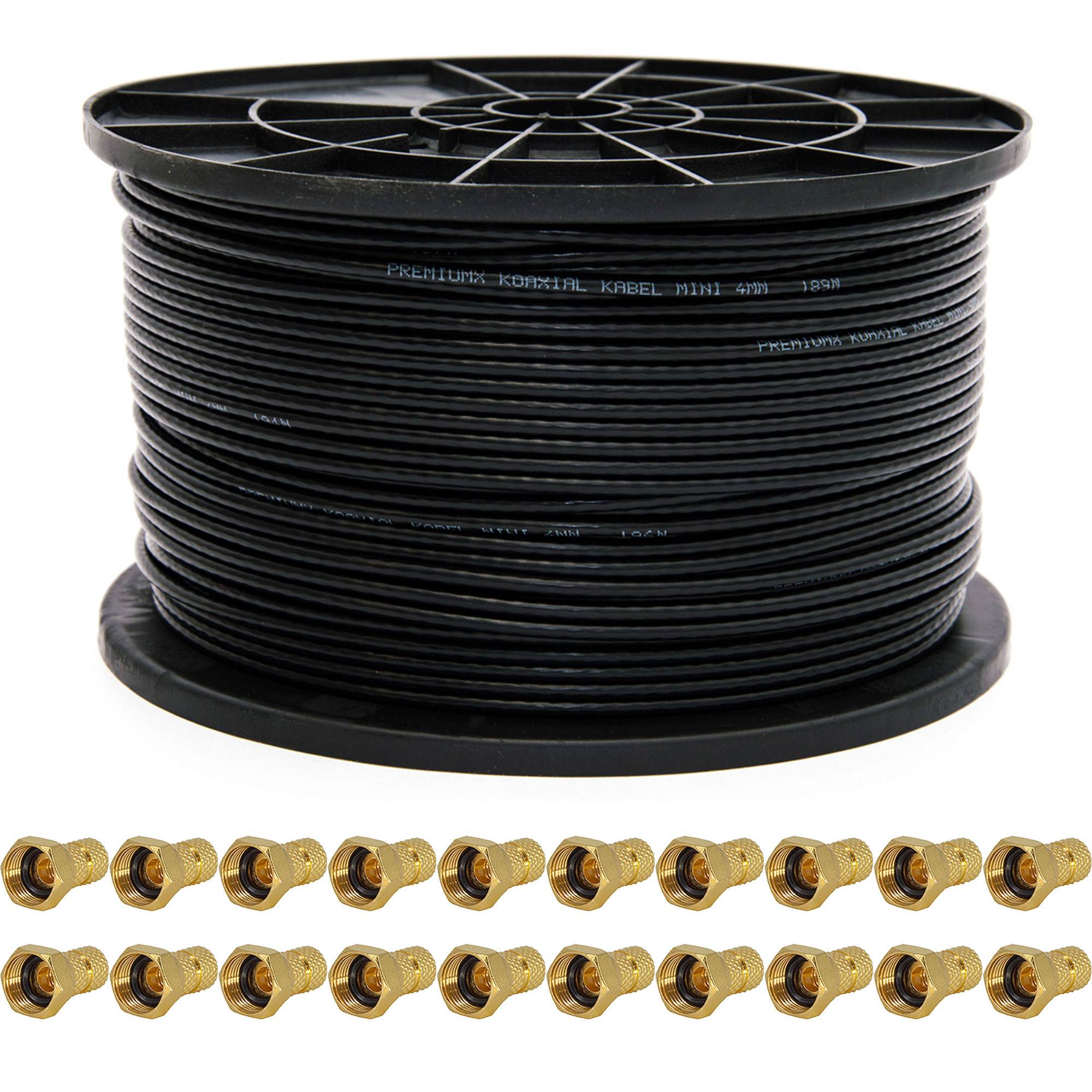 Premium X 100m Sat Koaxial Mini Kabel 90dB 2-Fach geschirmt 4mm Dünnes Antennenkabel FullHD HDTV 3D Schwarz 20x F-Stecker