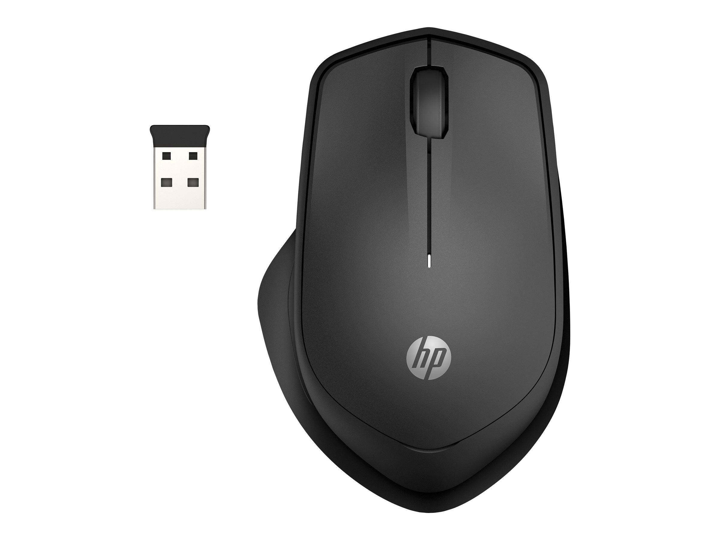 Schwarze HP Wireless-Maus mit USB-Empfänger daneben auf weißem Hintergrund.