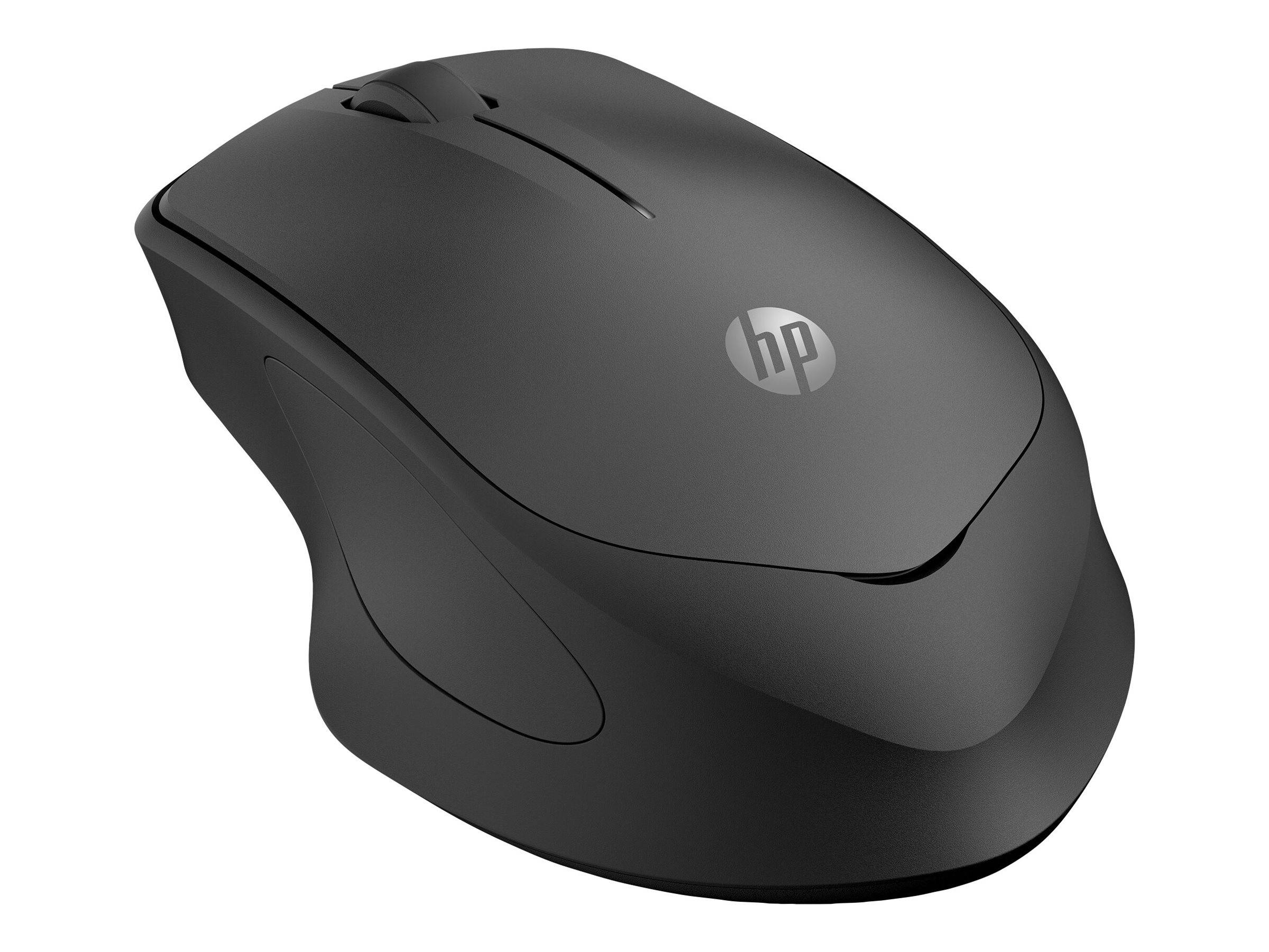 Schwarze kabellose HP-Computermaus auf weißem Hintergrund, dargestellt in einer abgewinkelten Seitenansicht.