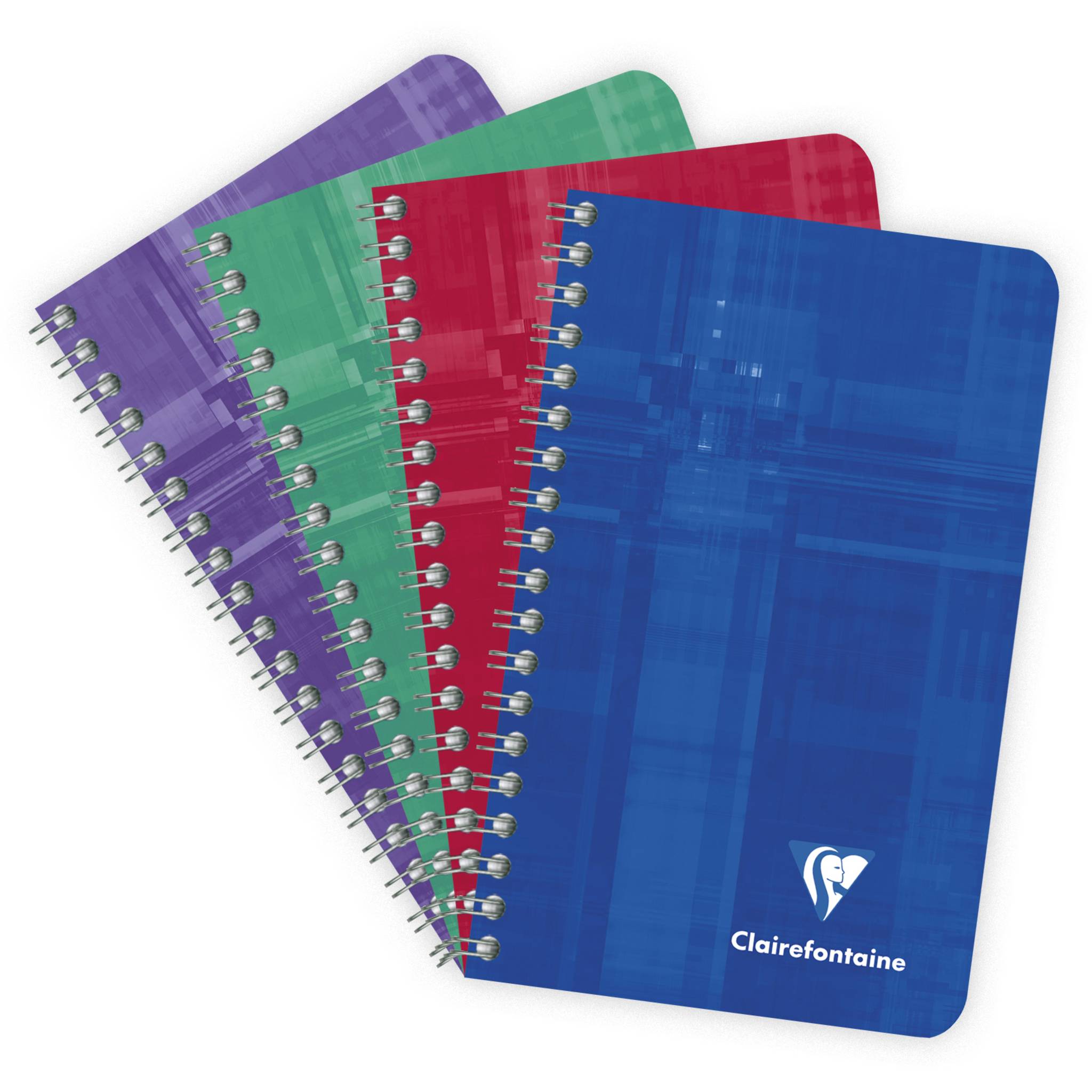 Vier spiralgebundene Notizbücher aufgefächert in Lila, Grün, Rot und Blau, wobei das blaue Notizbuch das Clairefontaine-Logo zeigt.