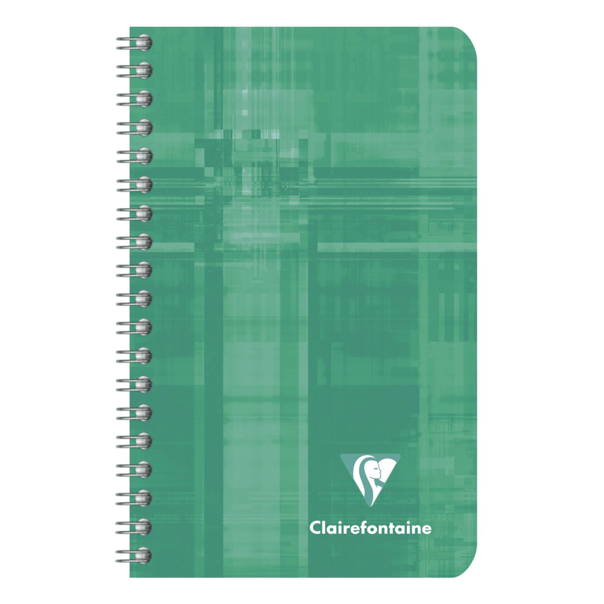 Grünes spiralgebundenes Notizbuch mit abstraktem Muster und Clairefontaine-Logo auf dem Umschlag.