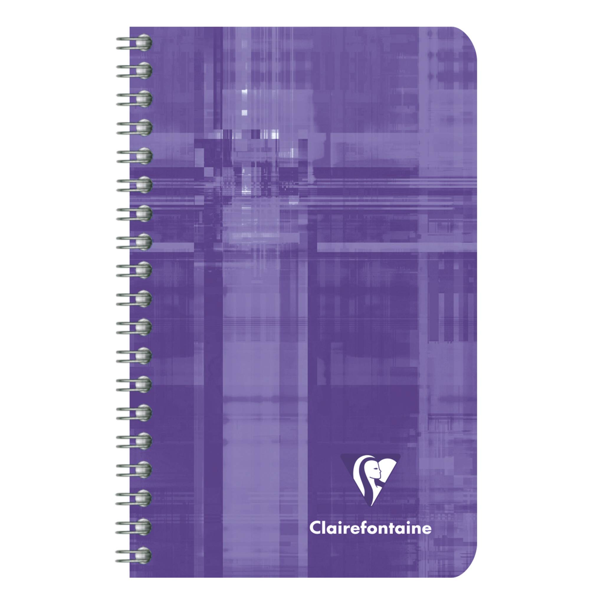 Violettes spiralgebundenes Clairefontaine-Notizbuch mit abstraktem Karomuster und weißem Logo in der Nähe des unteren Randes.