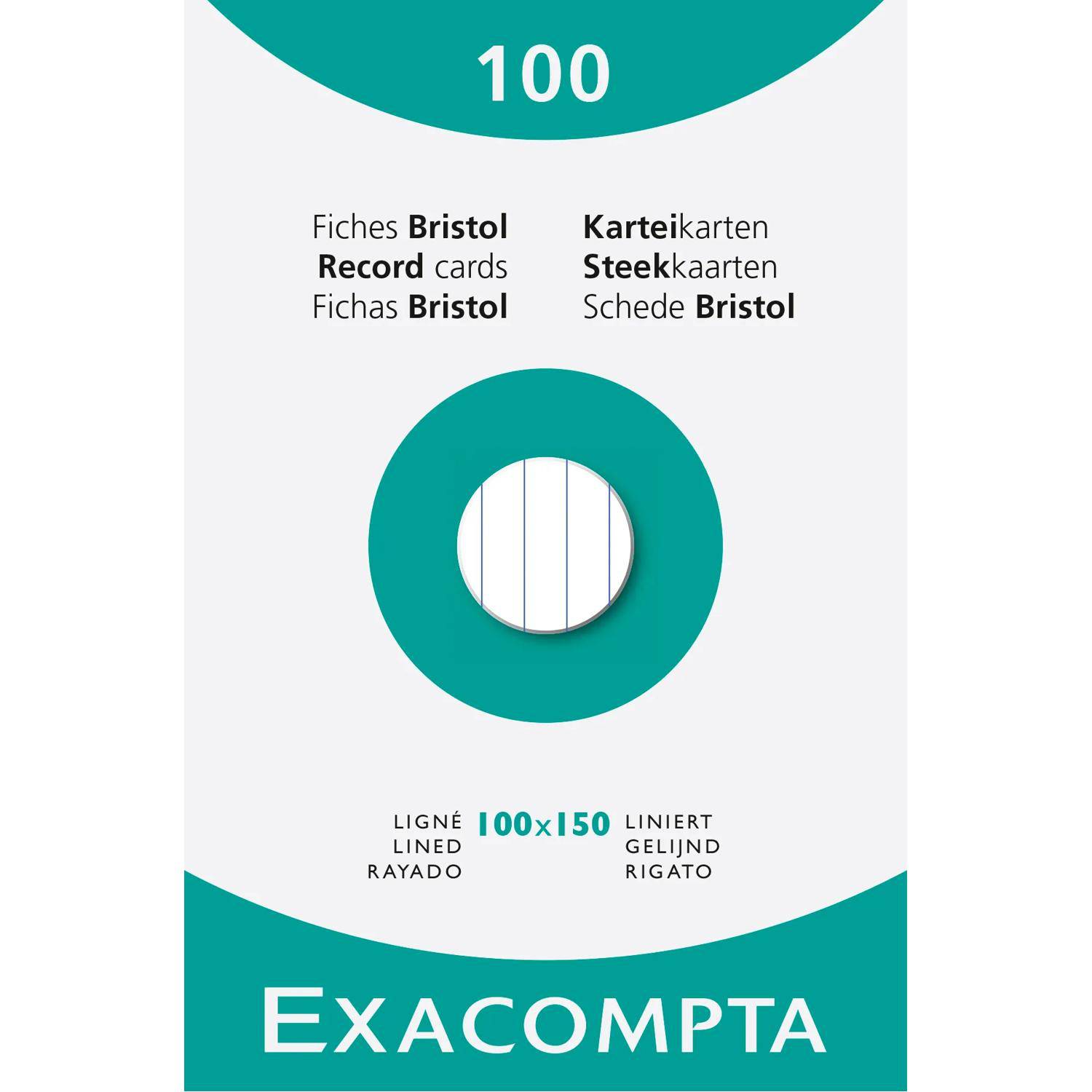 Exacompta Bristol Karteikarten Packung mit 100 Stück, Größe 100 x 150, auf einer Seite liniert und auf der anderen Seite kariert.