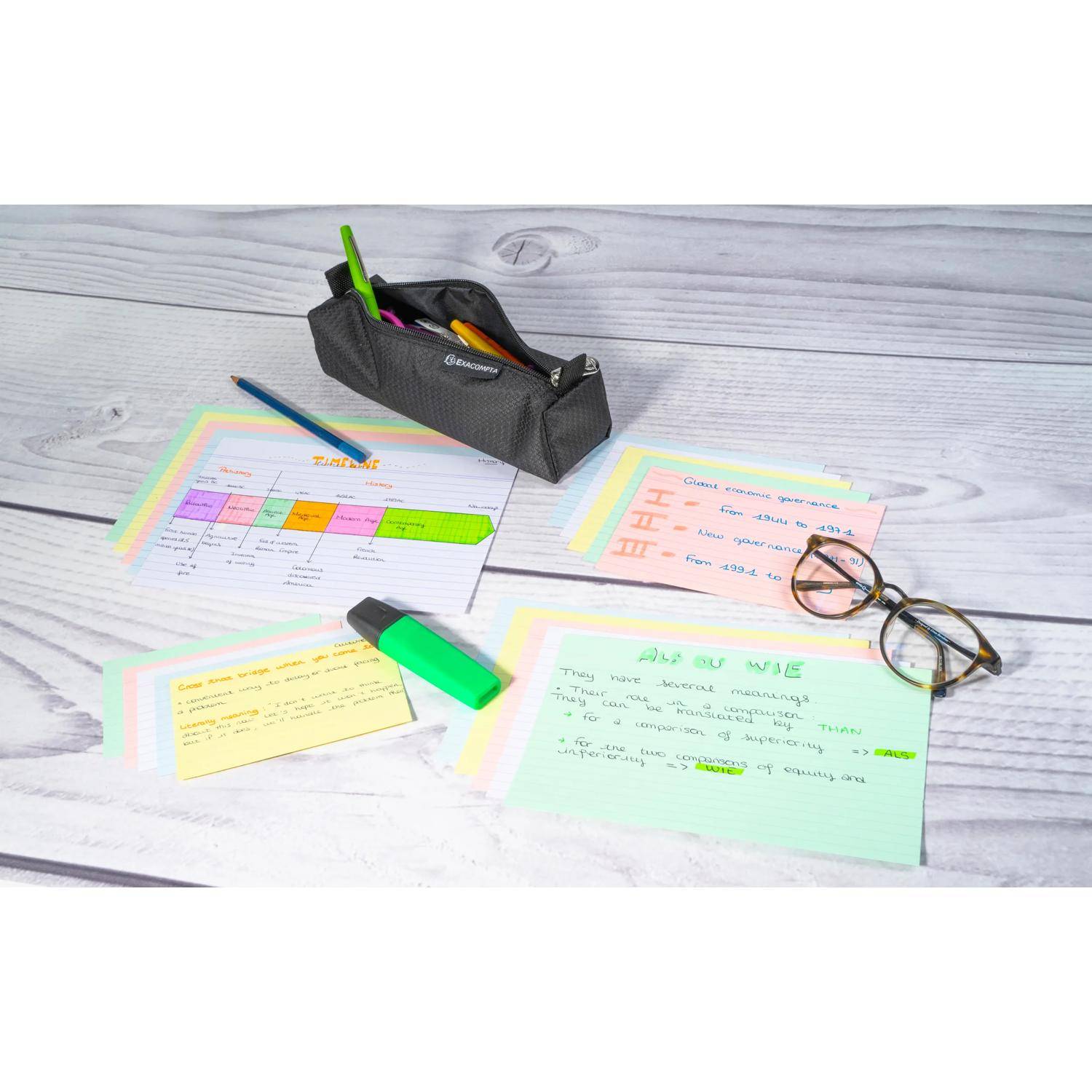 Schulmaterialien auf einem Schreibtisch: Federmäppchen, Textmarker, Bleistifte, Brille und farbcodierte Notizen/Karteikarten mit handschriftlichen Zusammenfassungen zur Wiederholung.