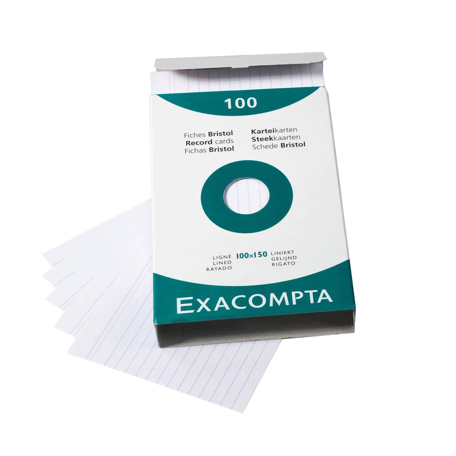 Exacompta-Karton mit 100 linierten Bristol-Karteikarten, mit mehreren lockeren Indexkarten, die teilweise herausgezogen sind