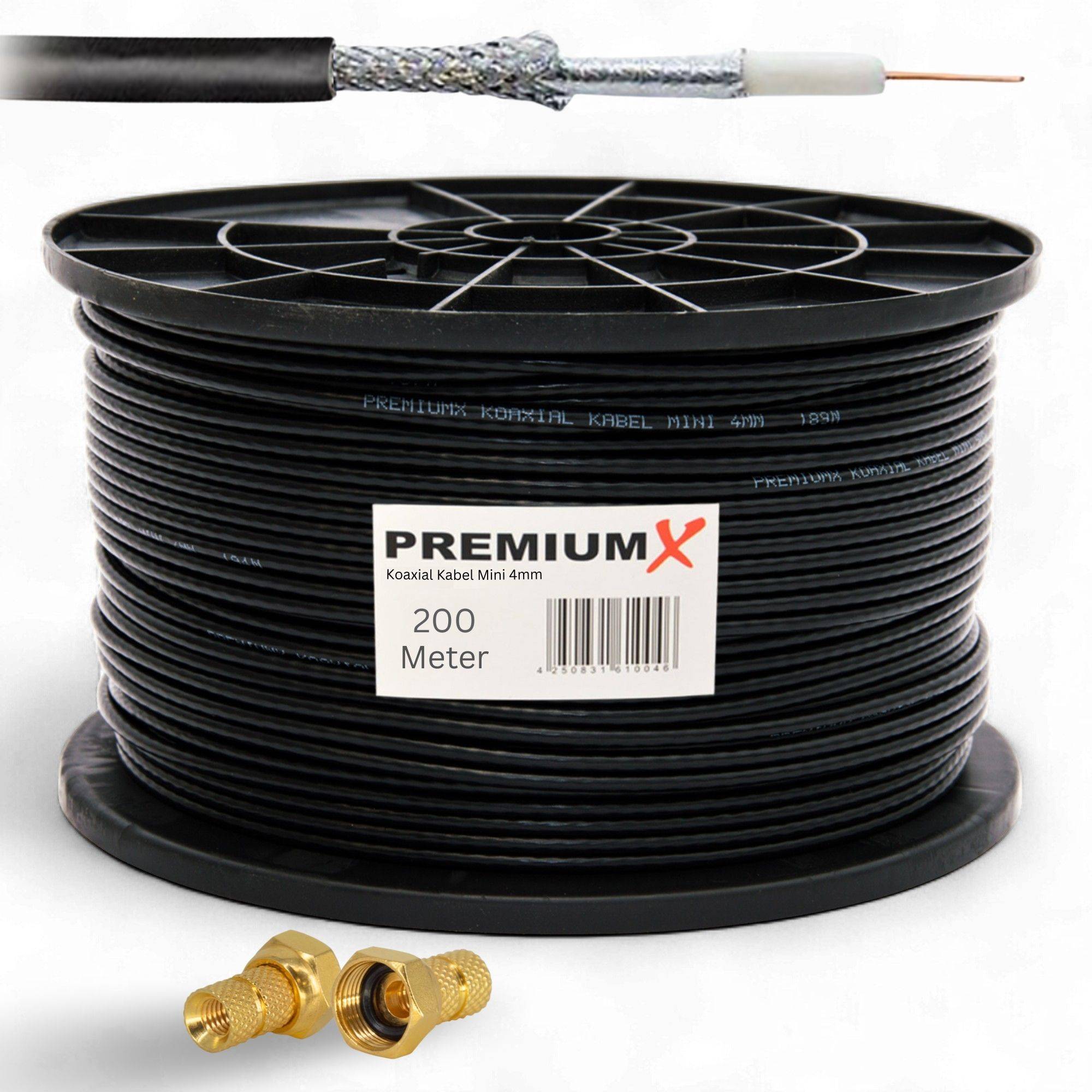 PremiumX 200m Mini-Koaxialkabel 4mm (Schwarz) Set inkl. 40 Stecker – Extra dünn & flexibel – 2-fach geschirmt für Sat, DVB-T2, Kabel-TV – Ultr